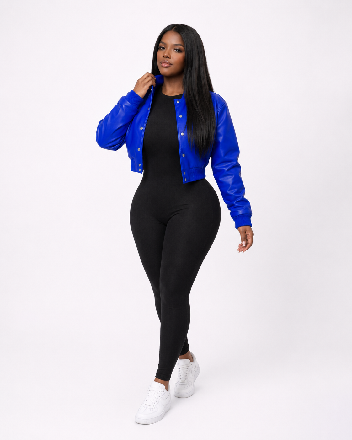Women’s Crop Leather Bomber Jacket [Blue]