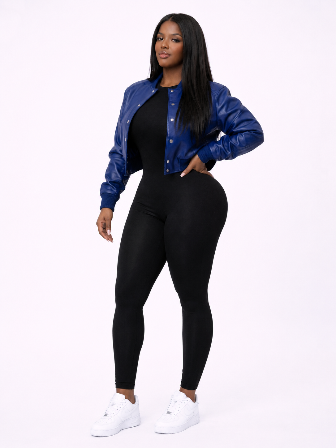 Women’s Crop Leather Bomber Jacket [Royal Blue]