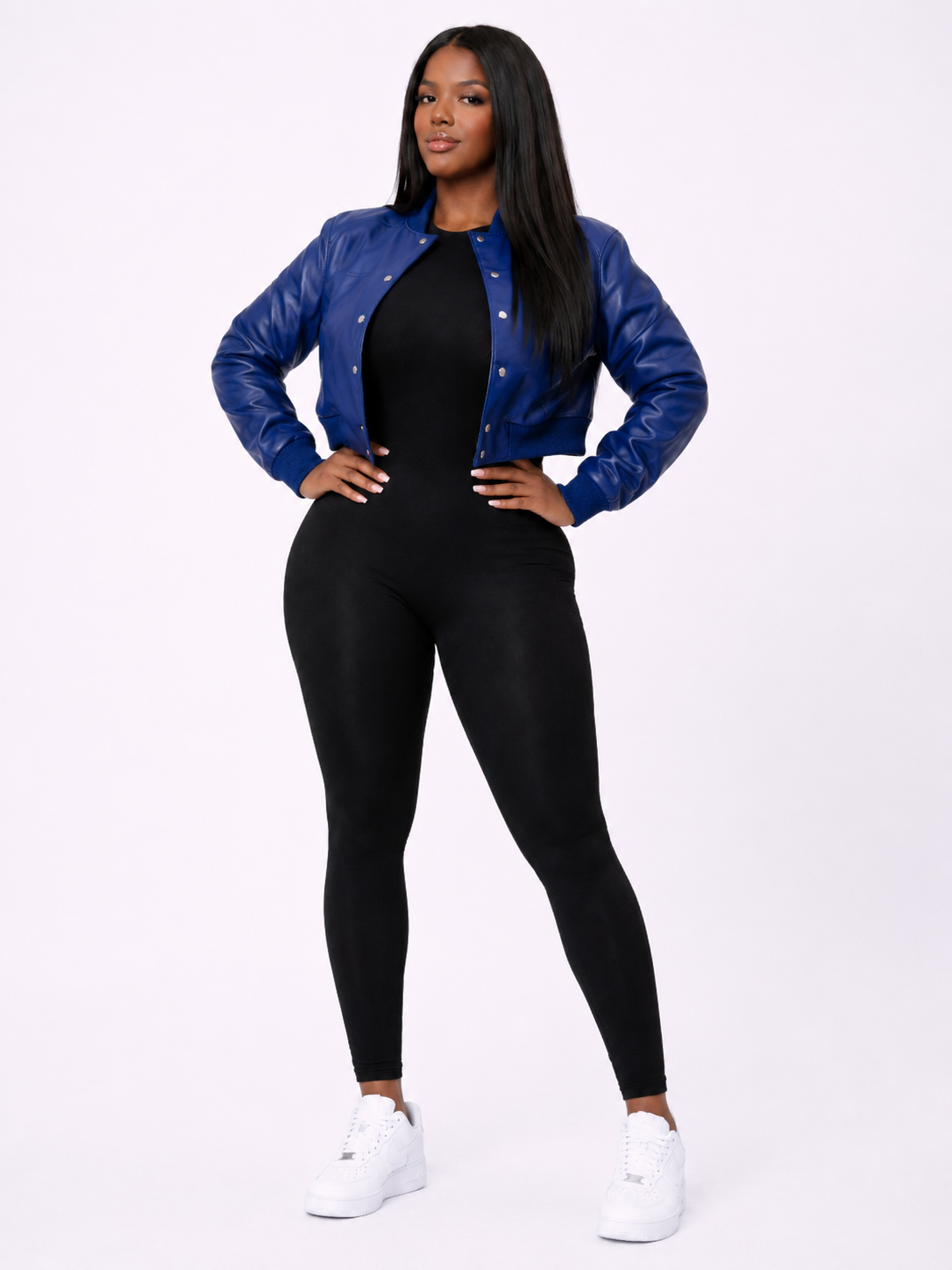Women’s Crop Leather Bomber Jacket [Navy Blue]