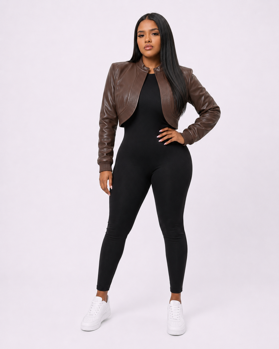 Women’s Cropped Brown Leather Bomber Jacket