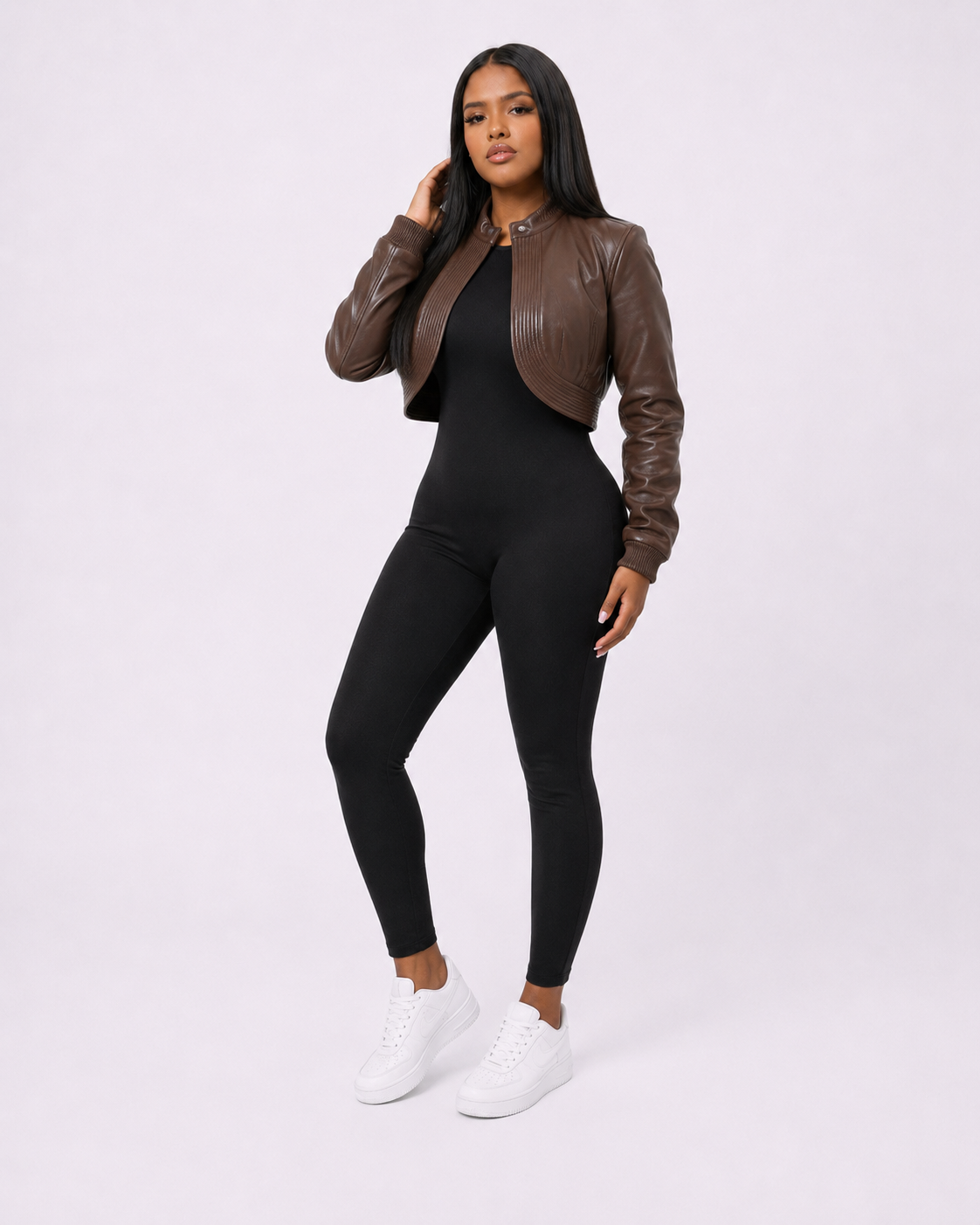 Women’s Cropped Brown Leather Bomber Jacket