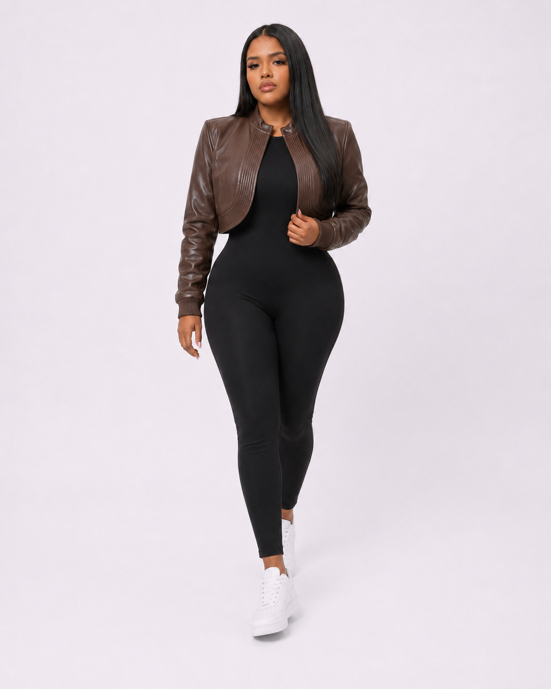 Women’s Cropped Brown Leather Bomber Jacket