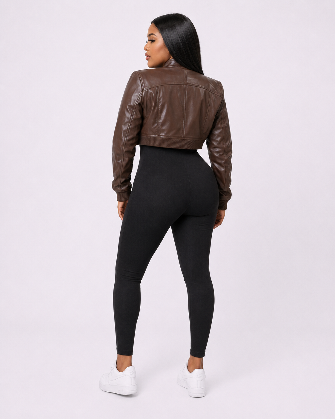 Women’s Cropped Brown Leather Bomber Jacket