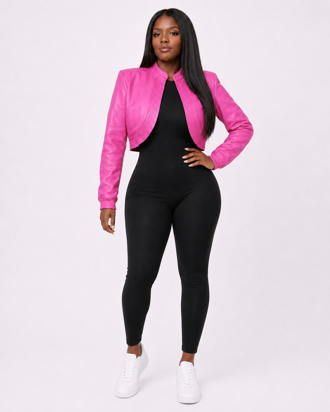 Women’s Hot Pink Cropped Leather Bomber Jacket