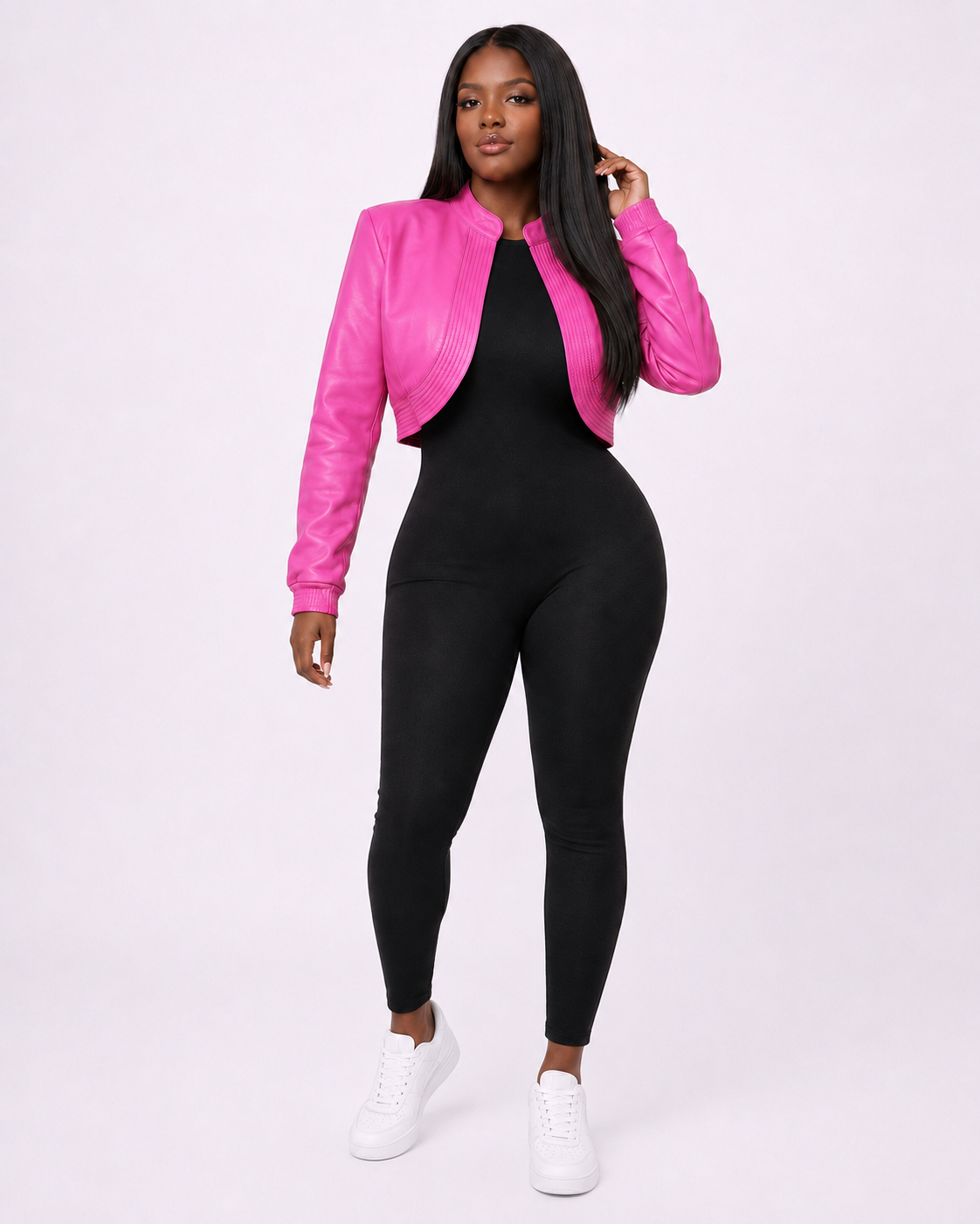 Women’s Hot Pink Cropped Leather Bomber Jacket