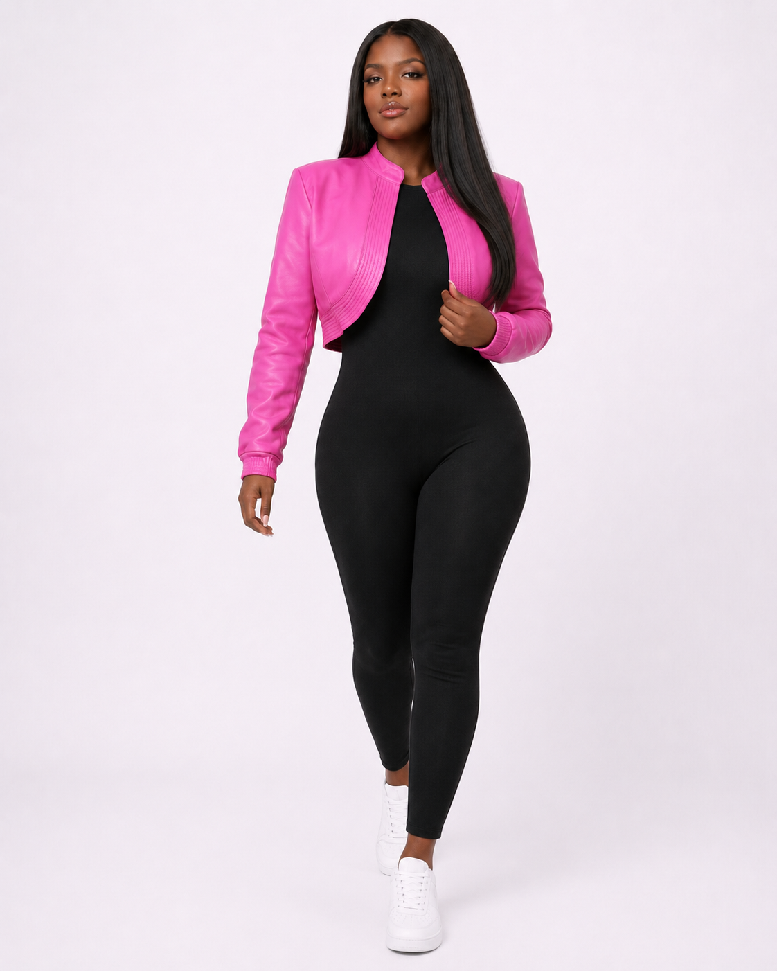 Women’s Hot Pink Cropped Leather Bomber Jacket