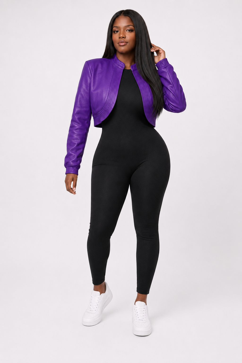 Women’s Purple Cropped Leather Bomber Jacket