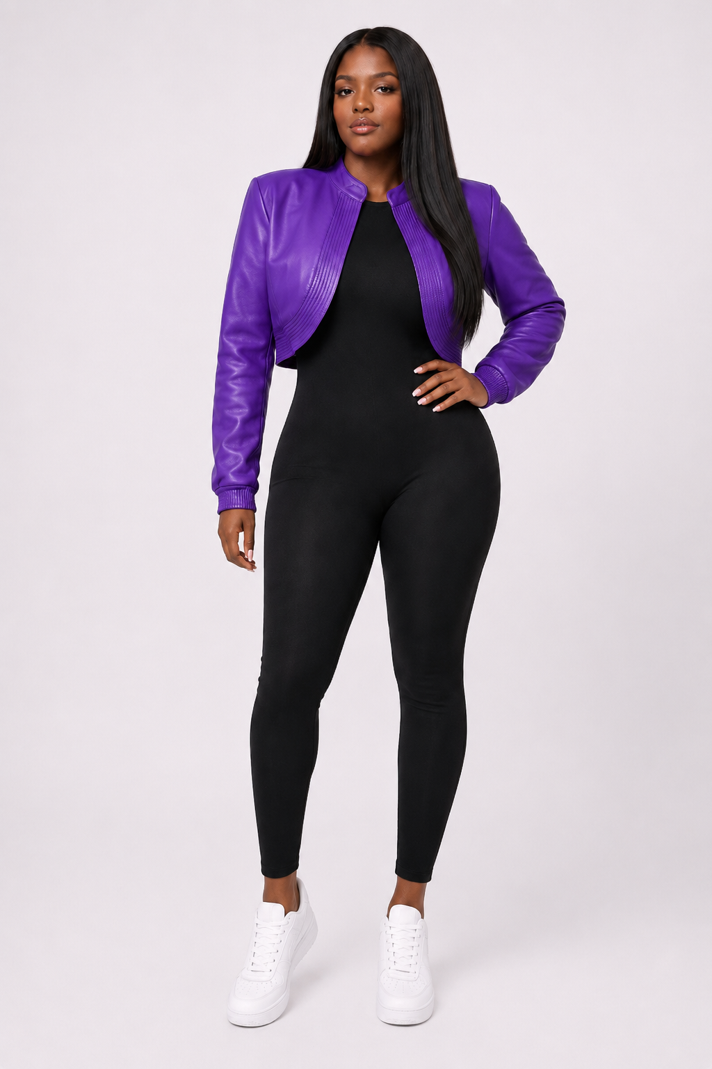 Women’s Purple Cropped Leather Bomber Jacket