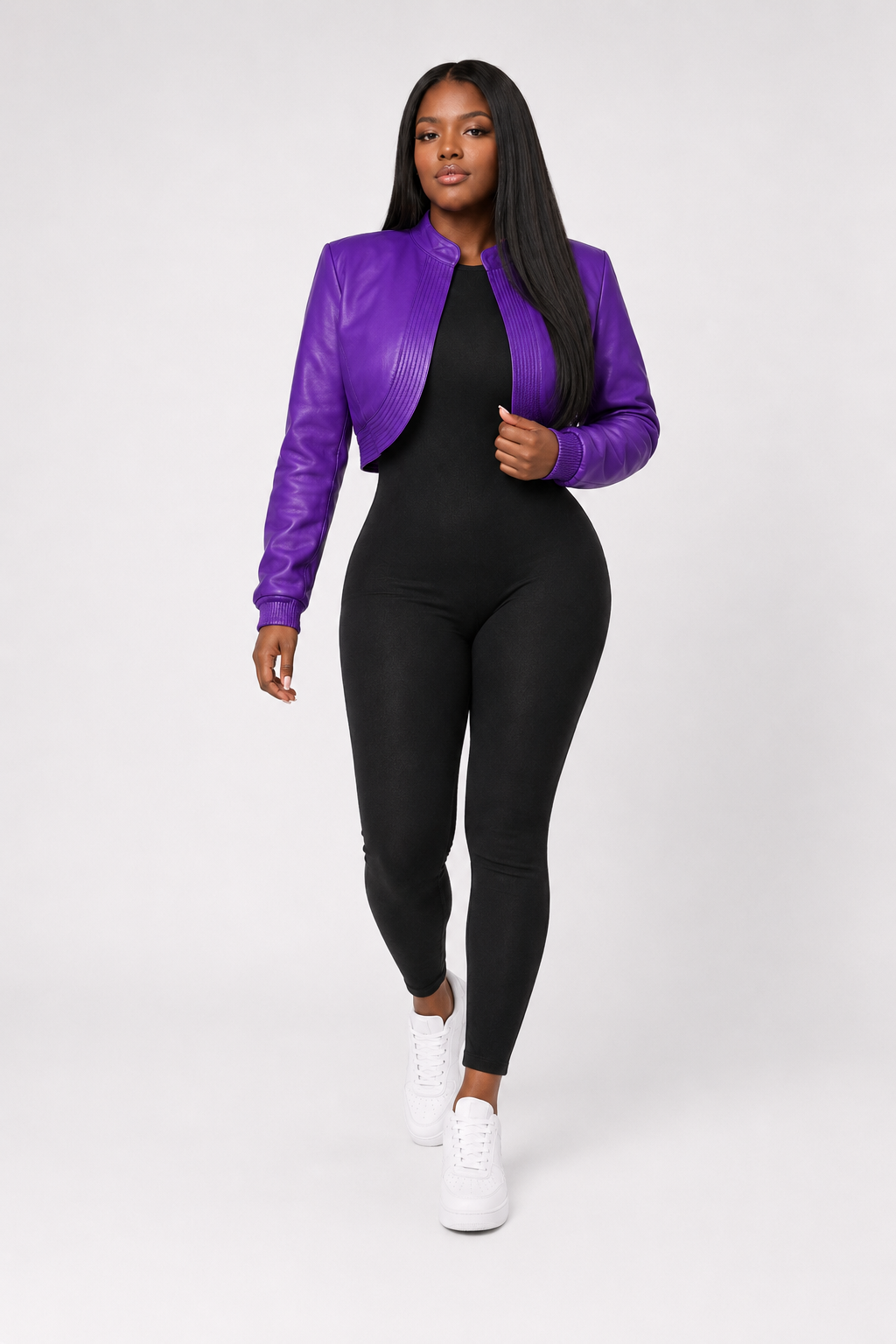 Women’s Purple Cropped Leather Bomber Jacket