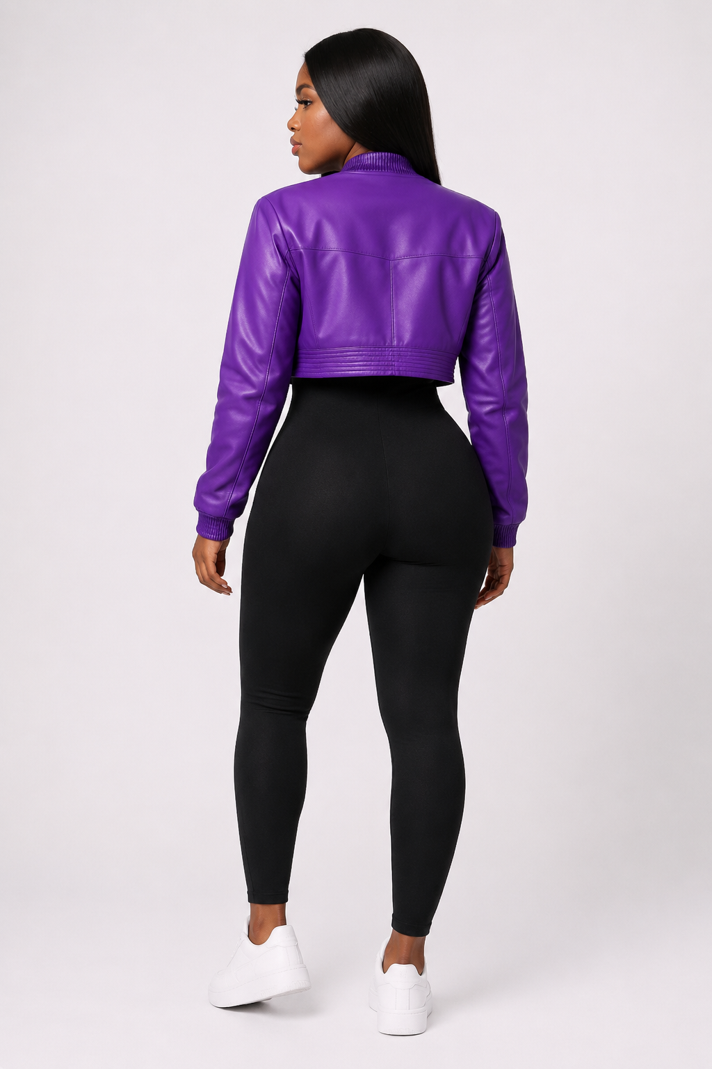 Women’s Purple Cropped Leather Bomber Jacket