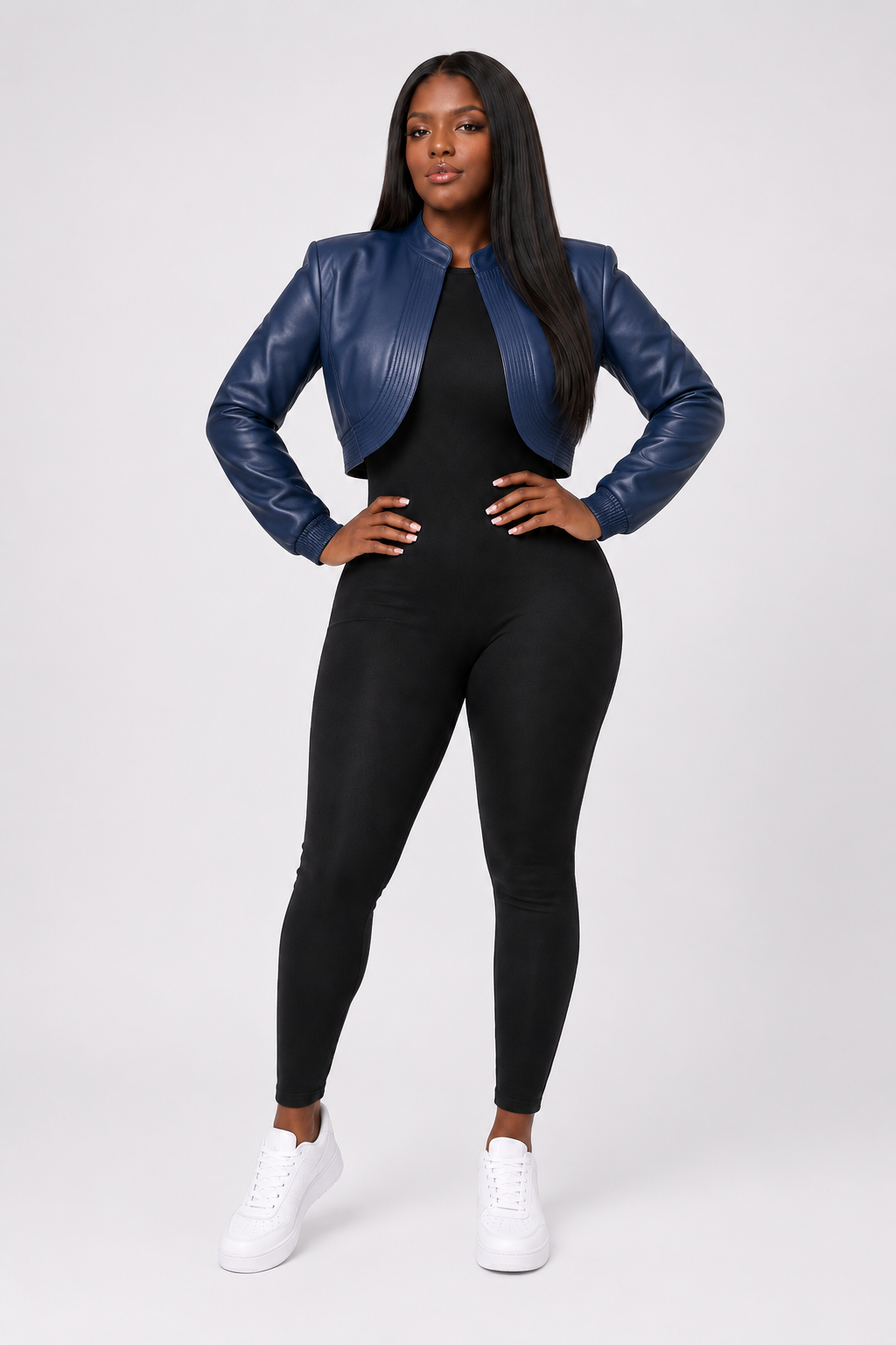 Women’s Navy Blue Cropped Leather Bomber Jacket