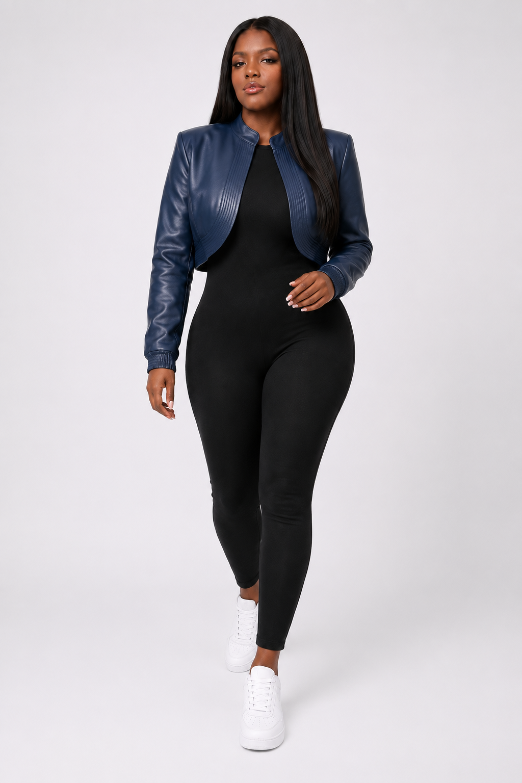 Women’s Navy Blue Cropped Leather Bomber Jacket