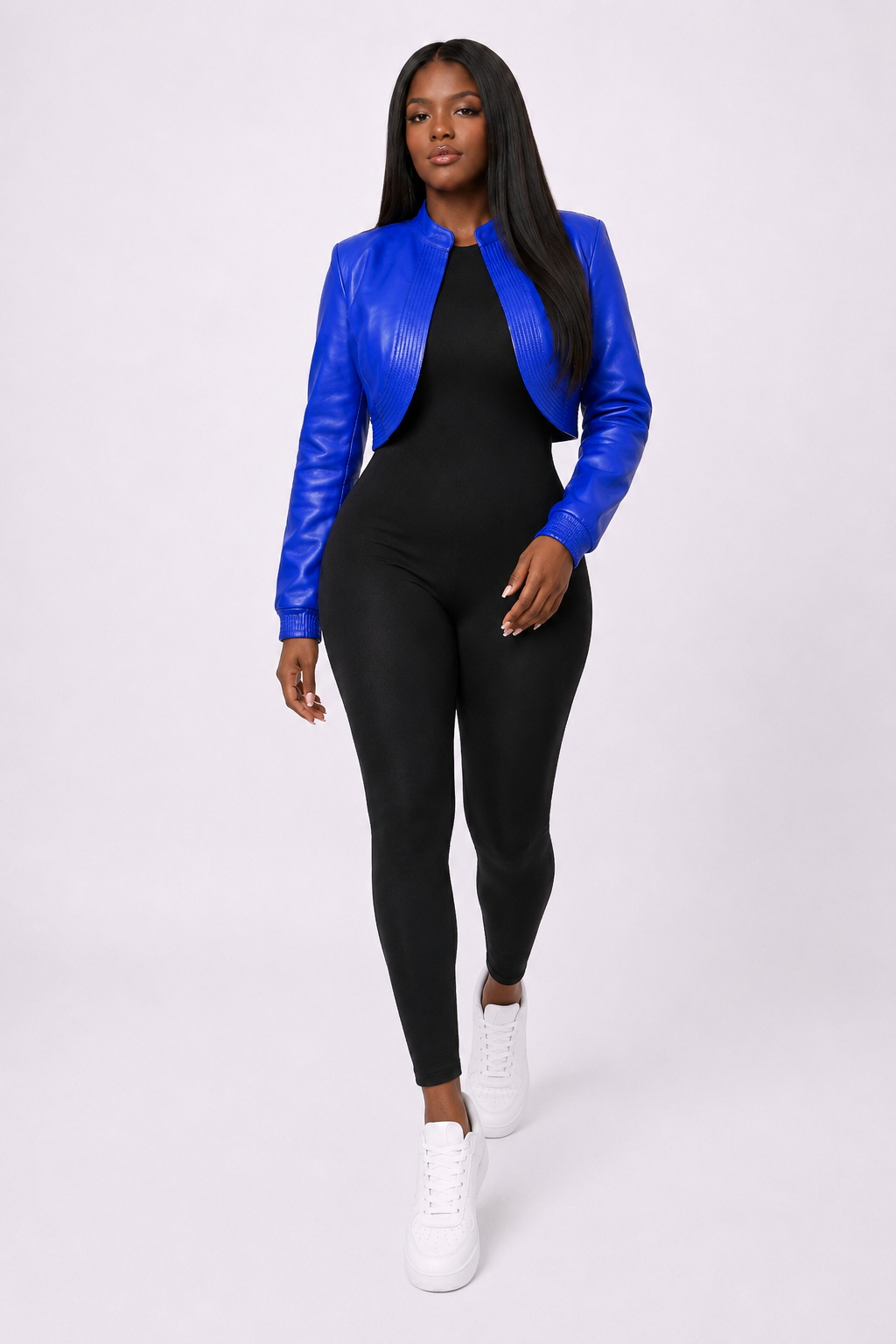Women’s Royal Blue Cropped Leather Bomber Jacket