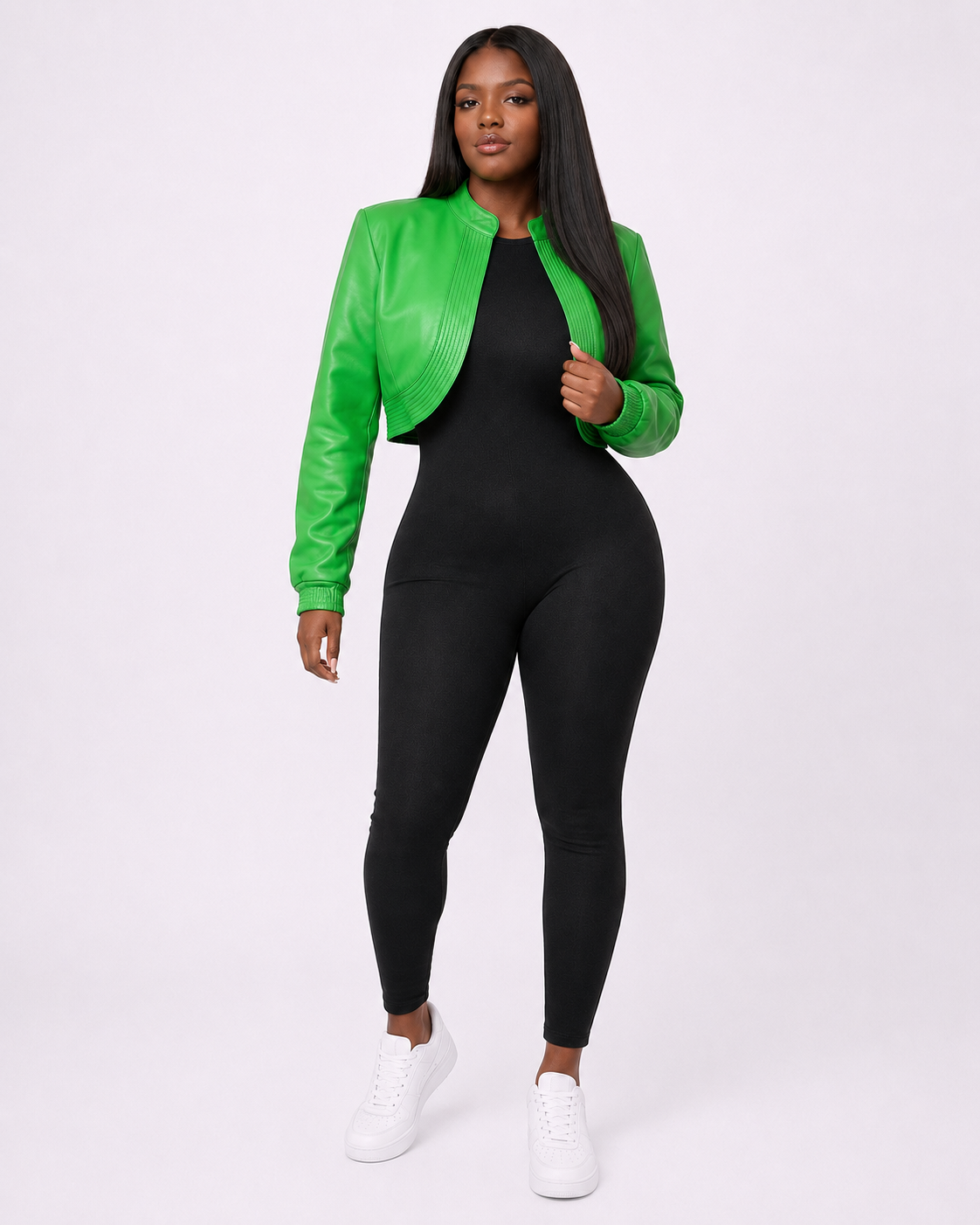 Women’s Bright Green Cropped Leather Bomber Jacket