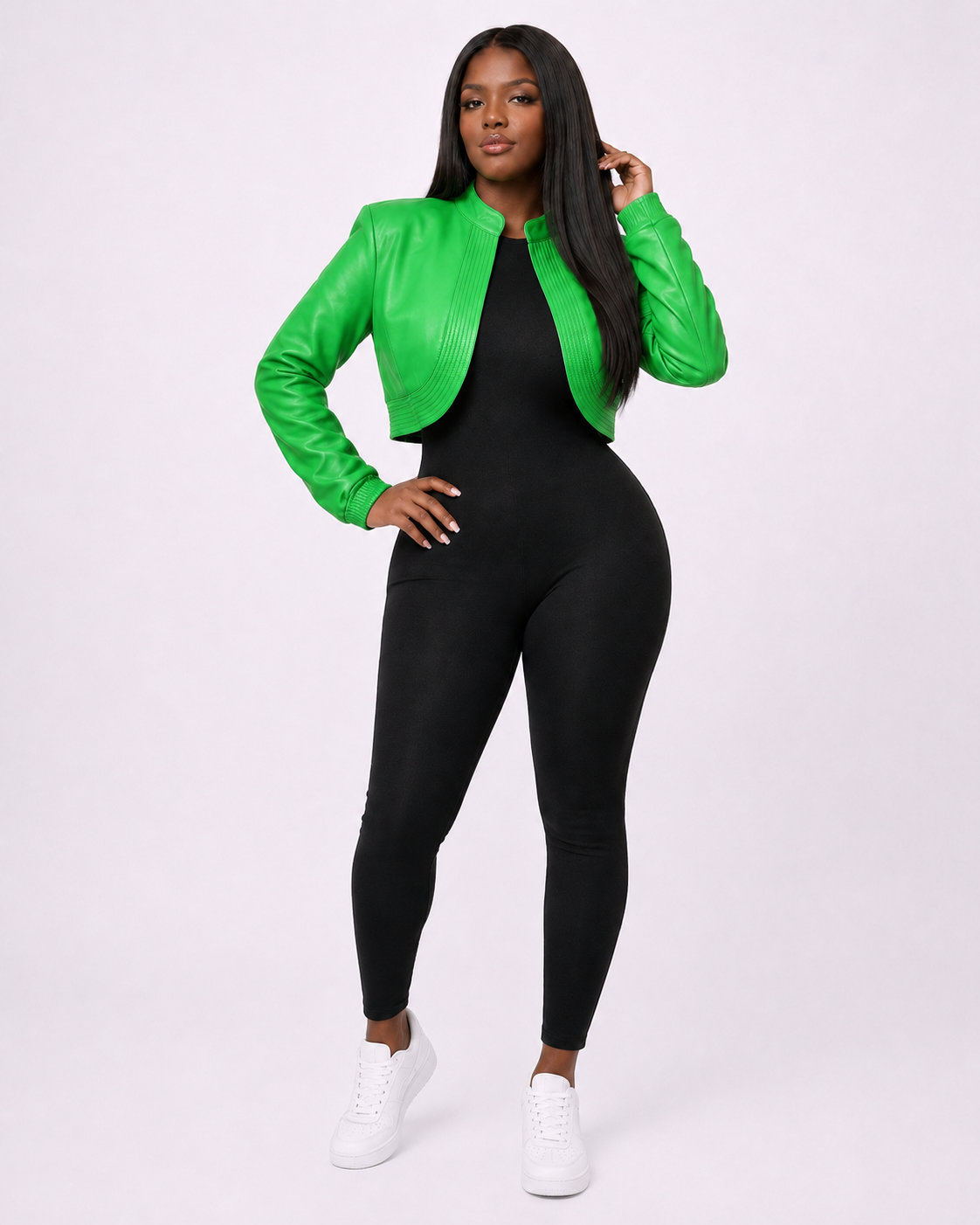 Women’s Bright Green Cropped Leather Bomber Jacket
