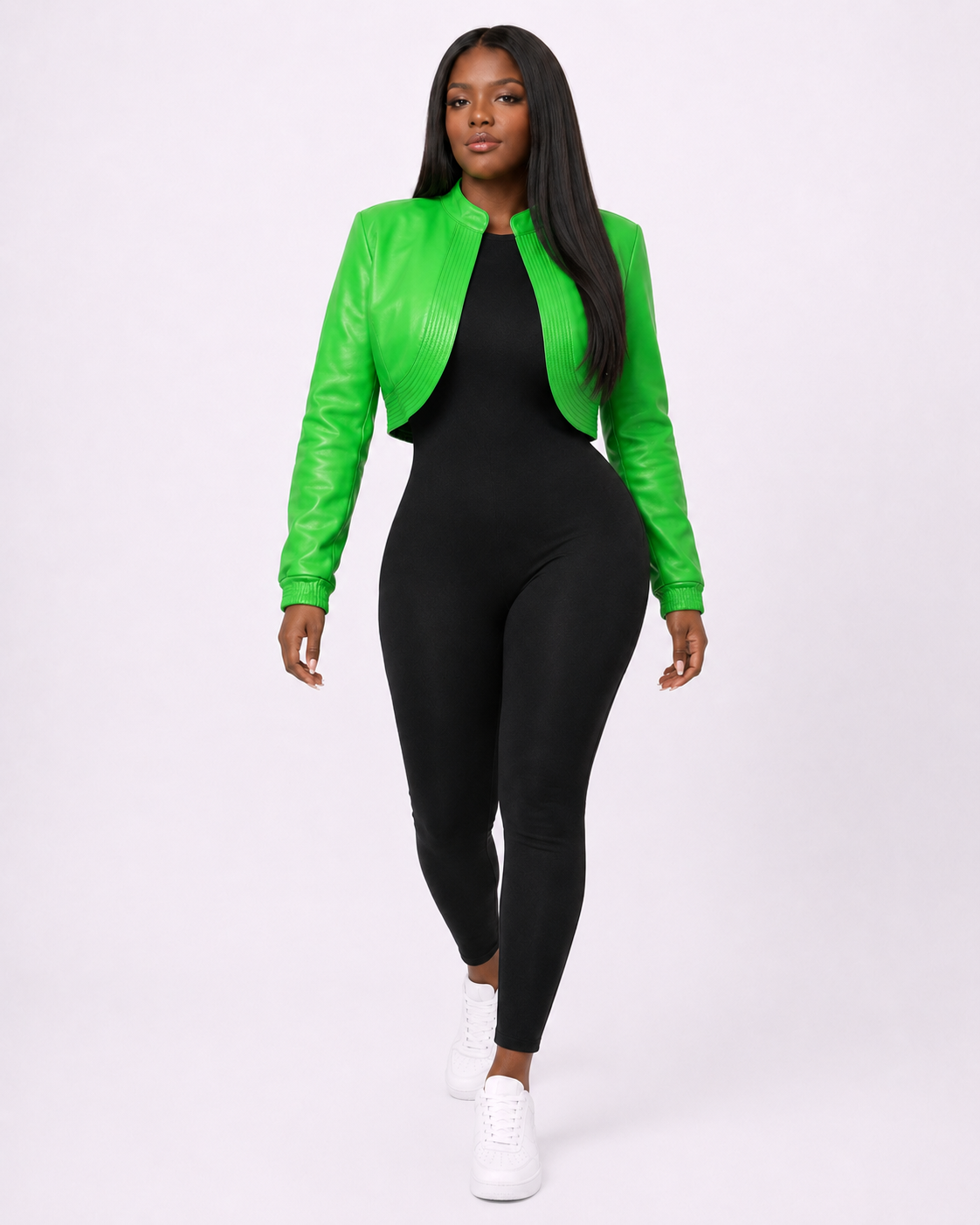 Women’s Bright Green Cropped Leather Bomber Jacket