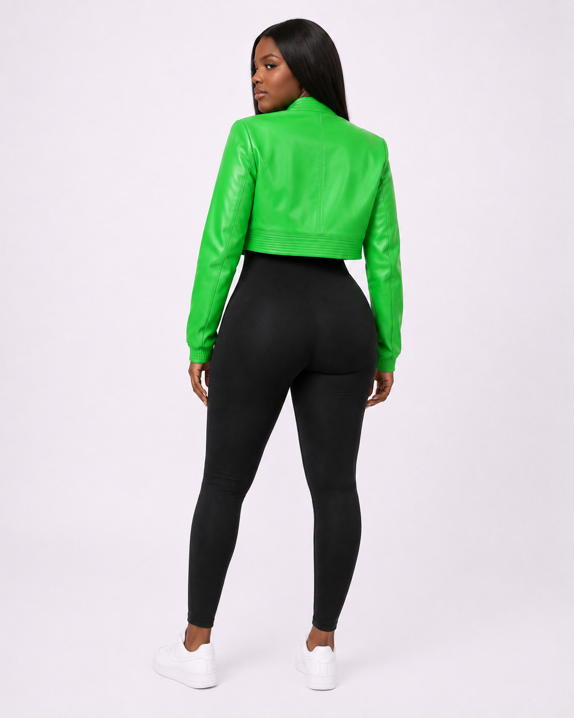 Women’s Bright Green Cropped Leather Bomber Jacket