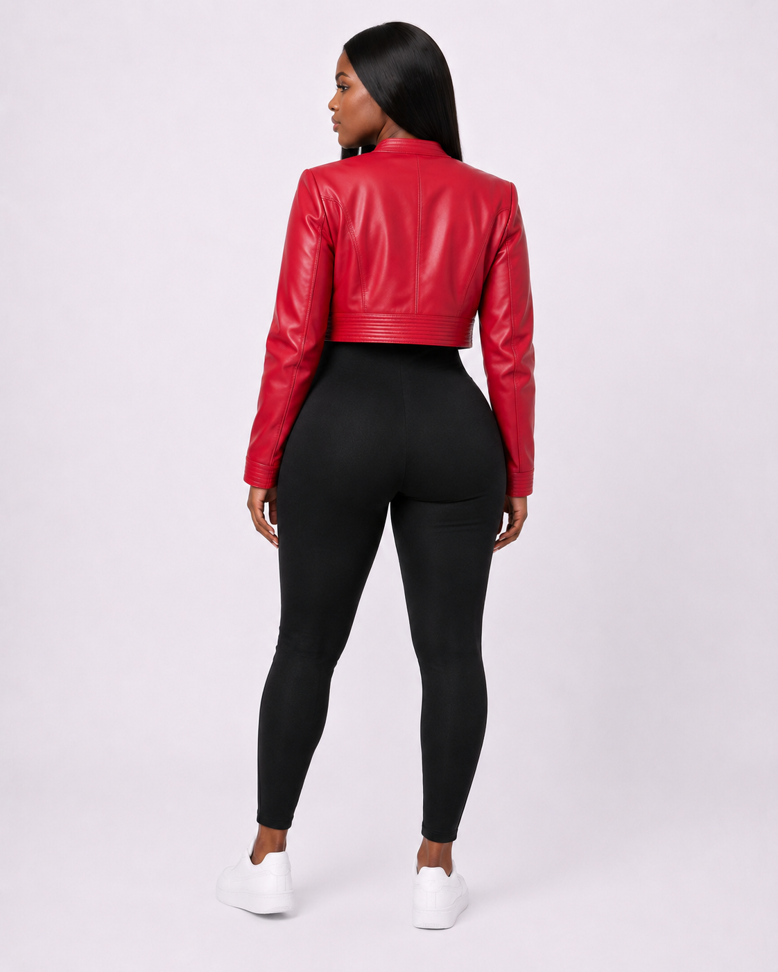 Women’s Red Cropped Leather Bomber Jacket