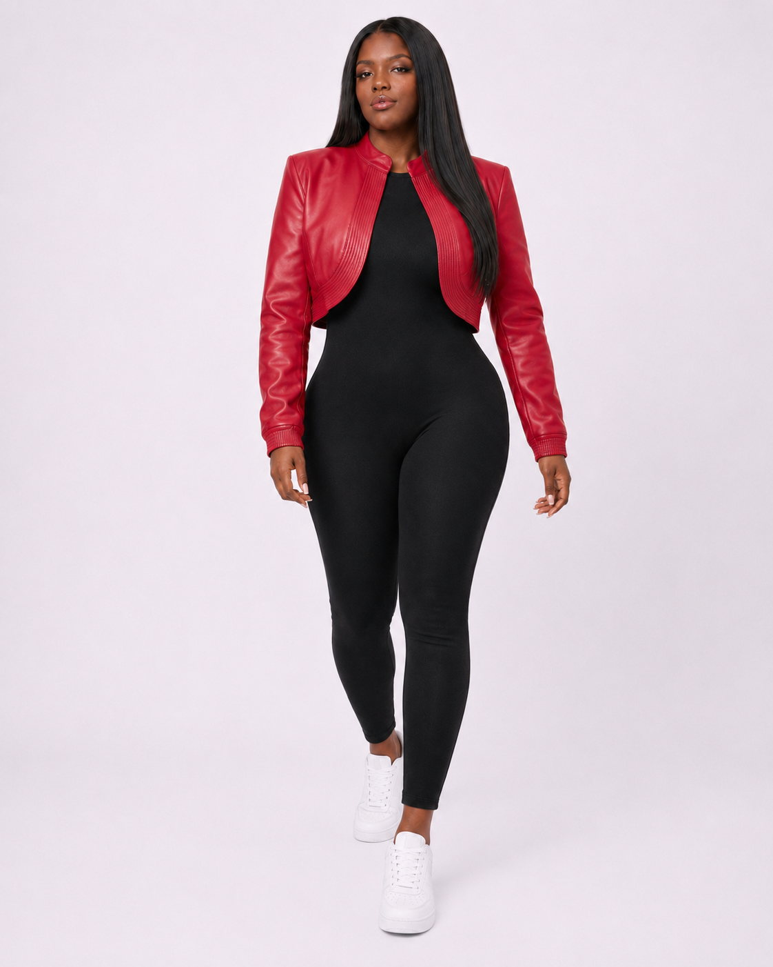 Women’s Red Cropped Leather Bomber Jacket
