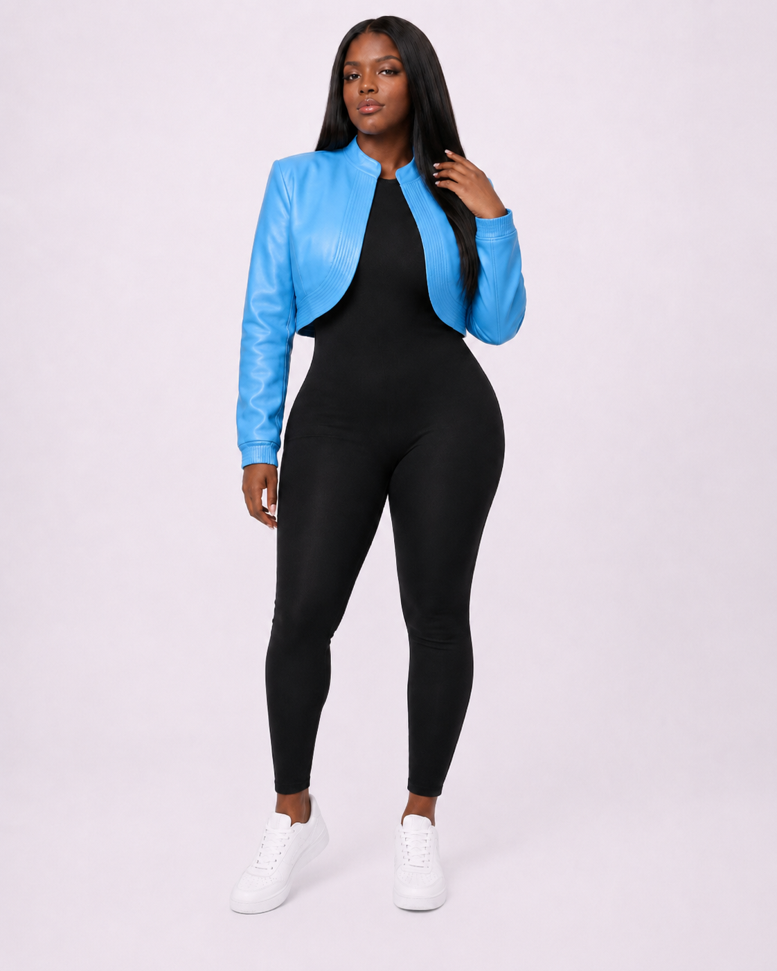 Women’s Sky Blue Cropped Leather Bomber Jacket