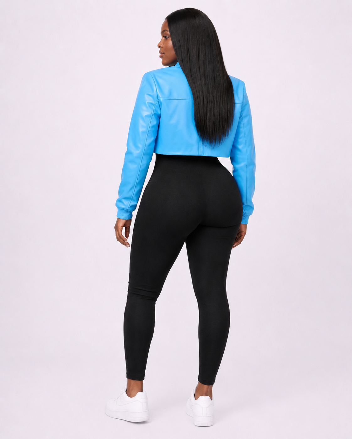 Women’s Sky Blue Cropped Leather Bomber Jacket