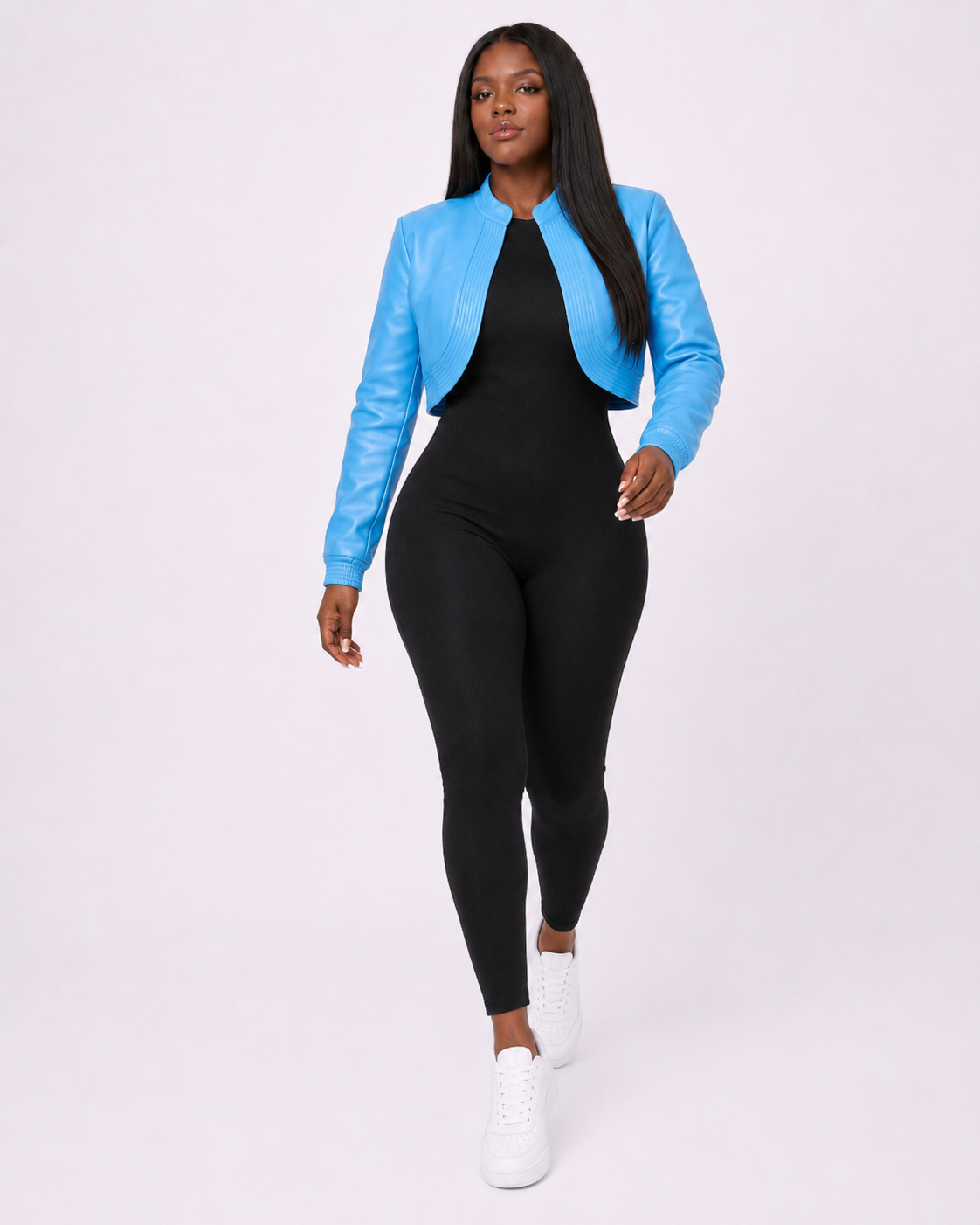 Women’s Sky Blue Cropped Leather Bomber Jacket