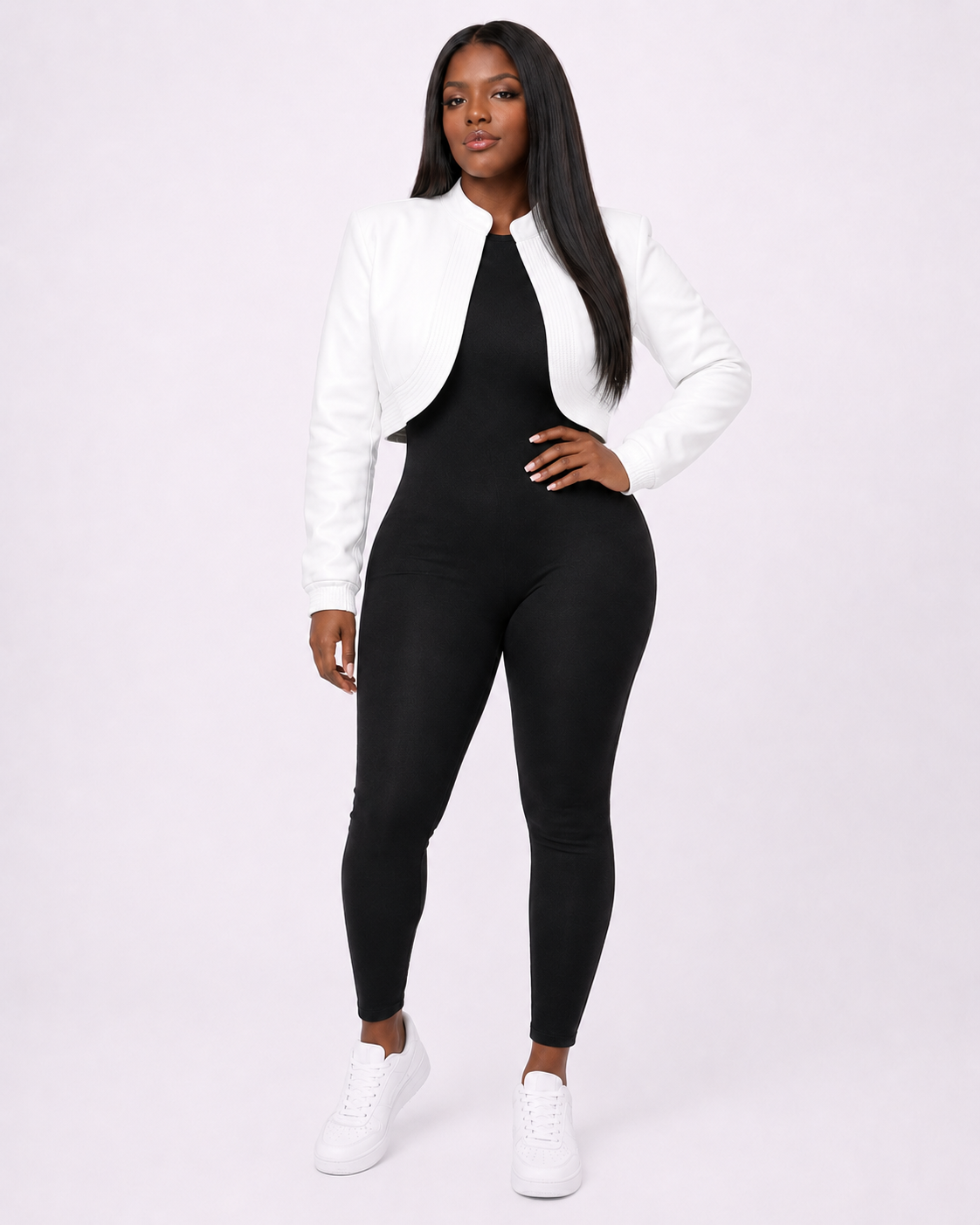 Women’s White Cropped Leather Bomber Jacket