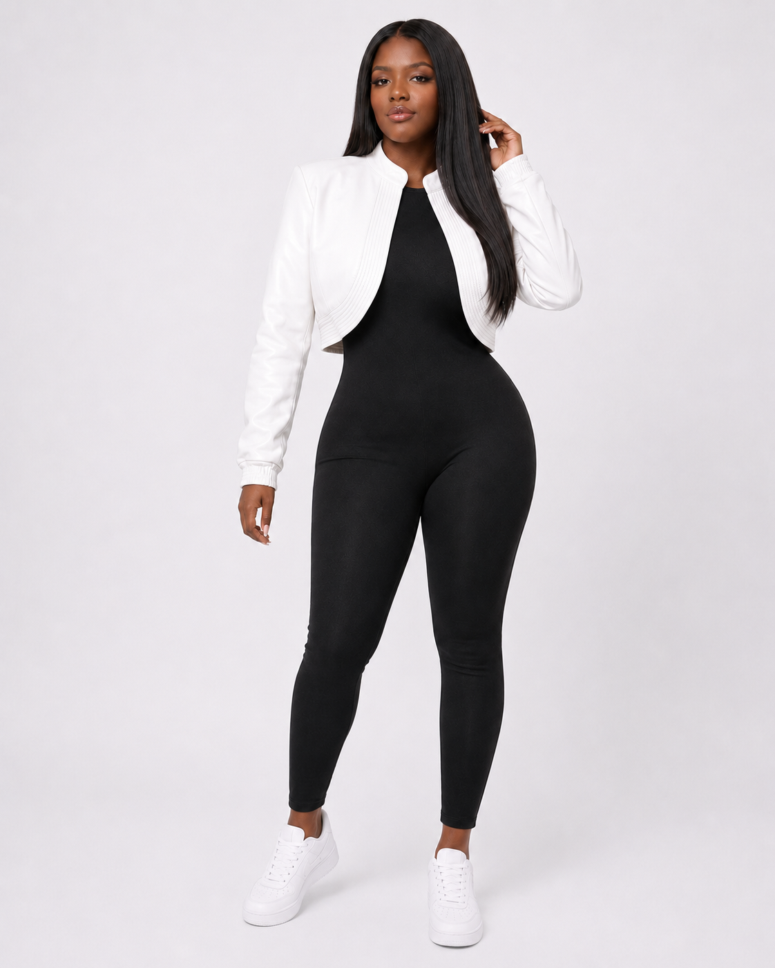 Women’s White Cropped Leather Bomber Jacket