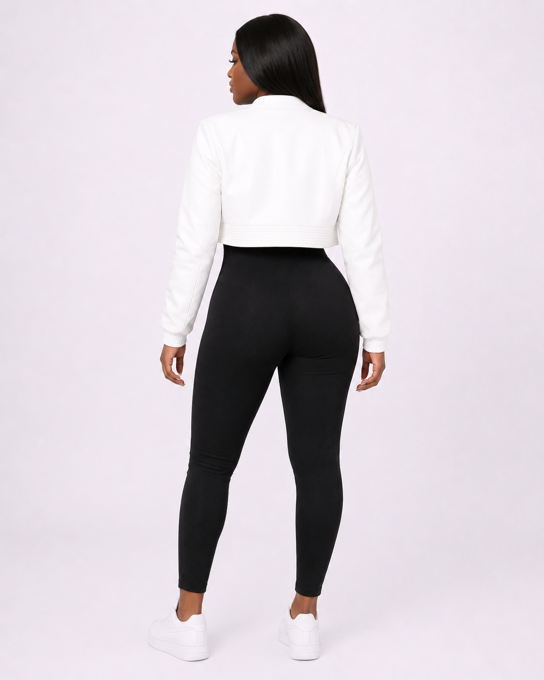 Women’s White Cropped Leather Bomber Jacket