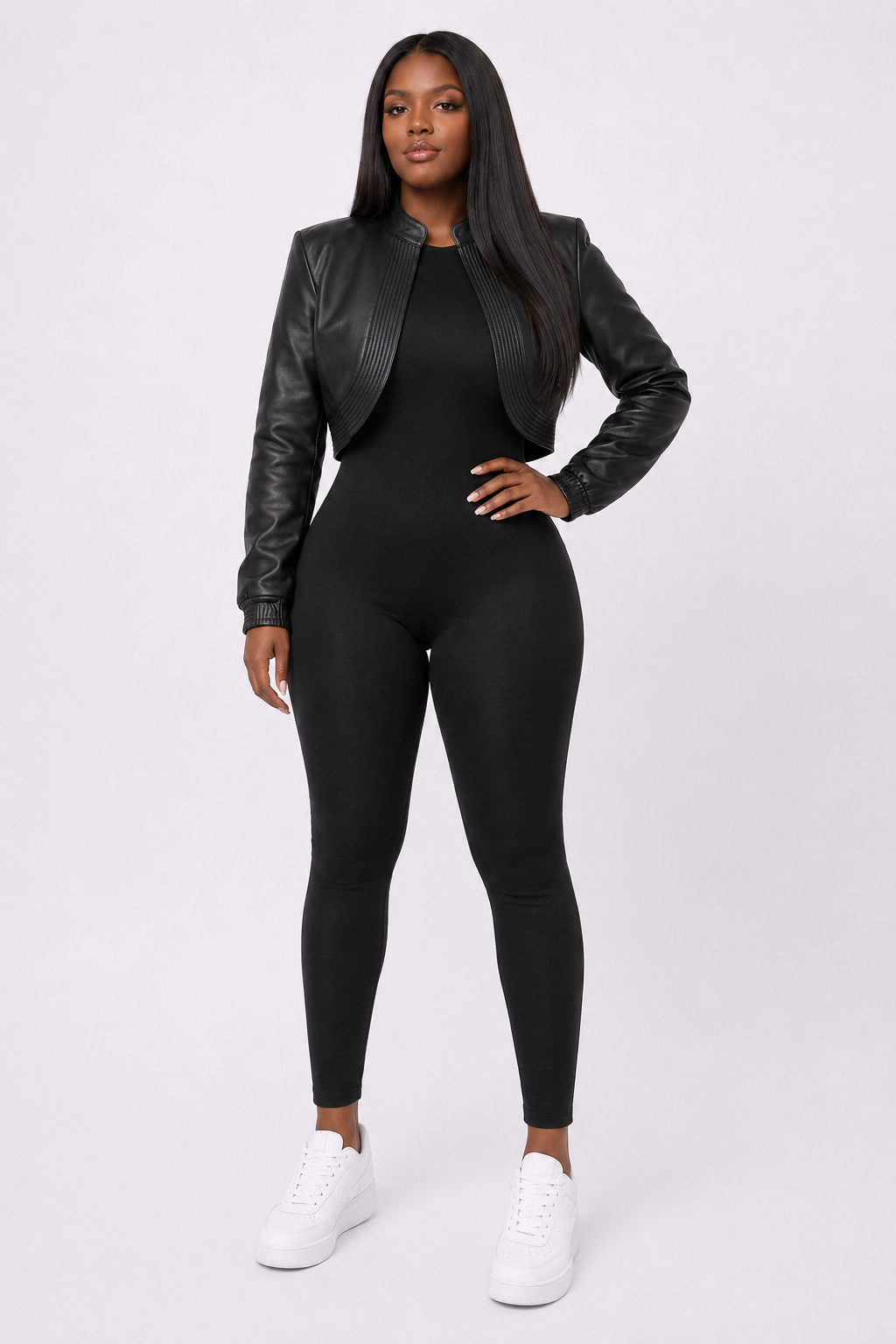 Women’s Black Cropped Leather Bomber Jacket