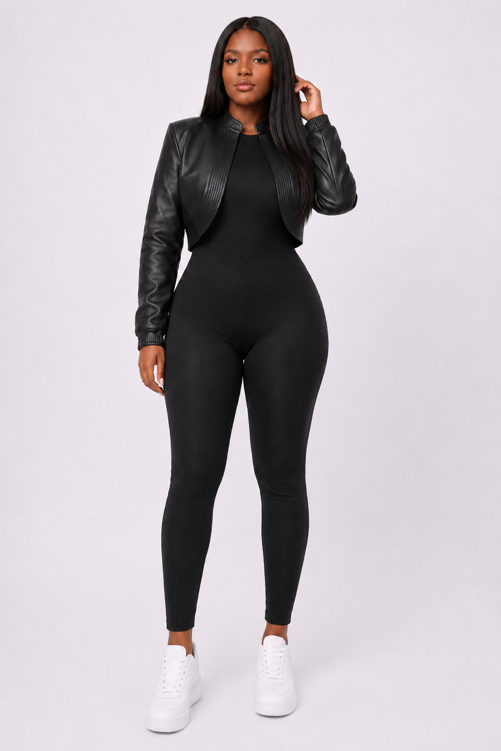 Women’s Black Cropped Leather Bomber Jacket