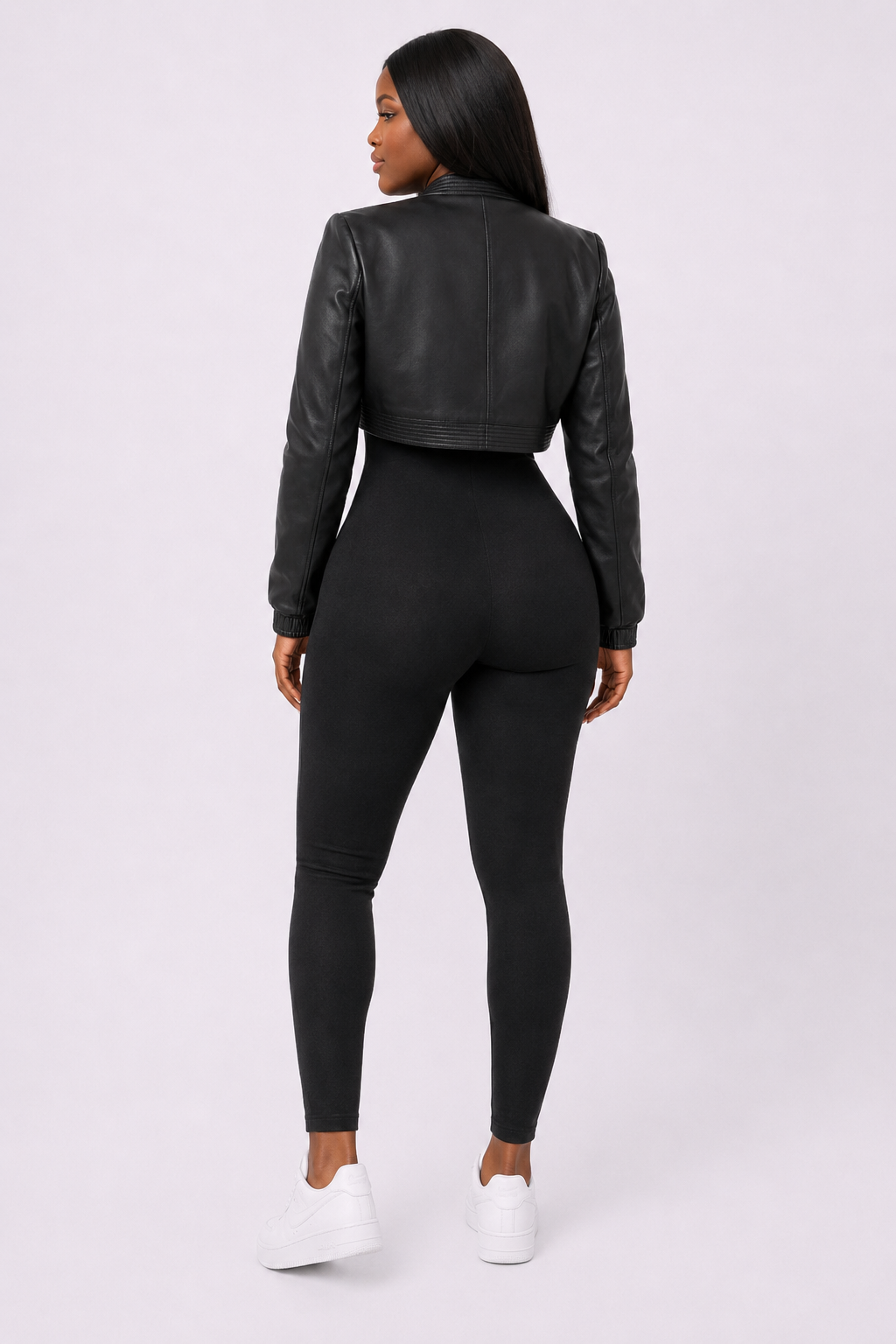 Women’s Black Cropped Leather Bomber Jacket