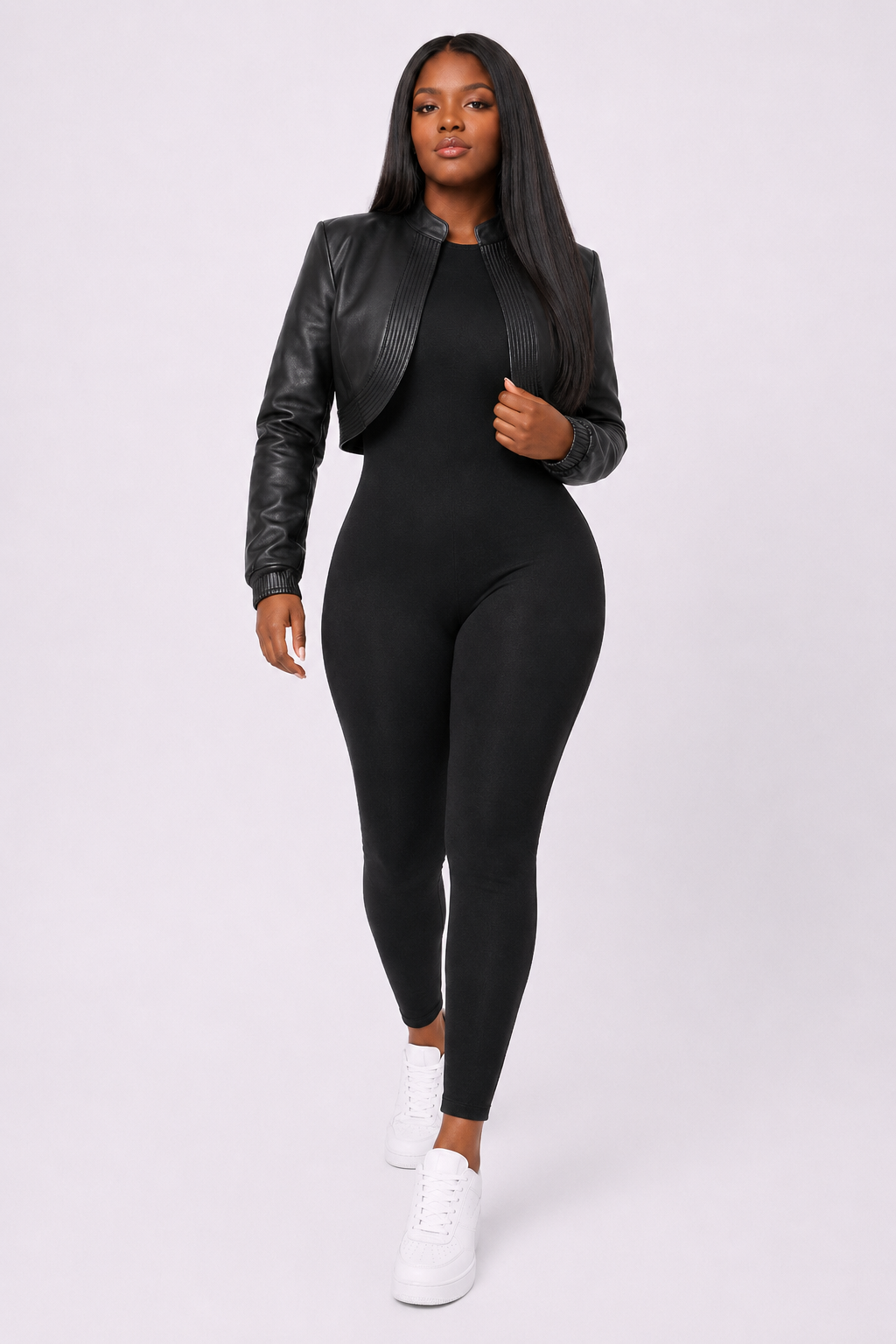 Women’s Black Cropped Leather Bomber Jacket