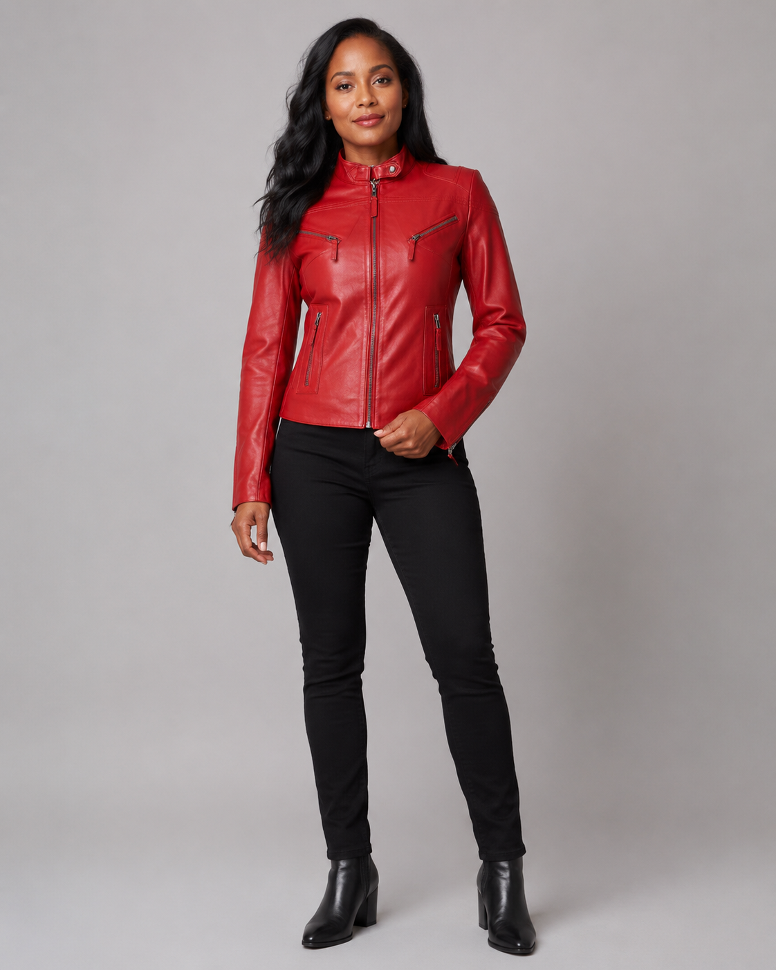 Women’s Red Zip-Up Leather Moto Jacket