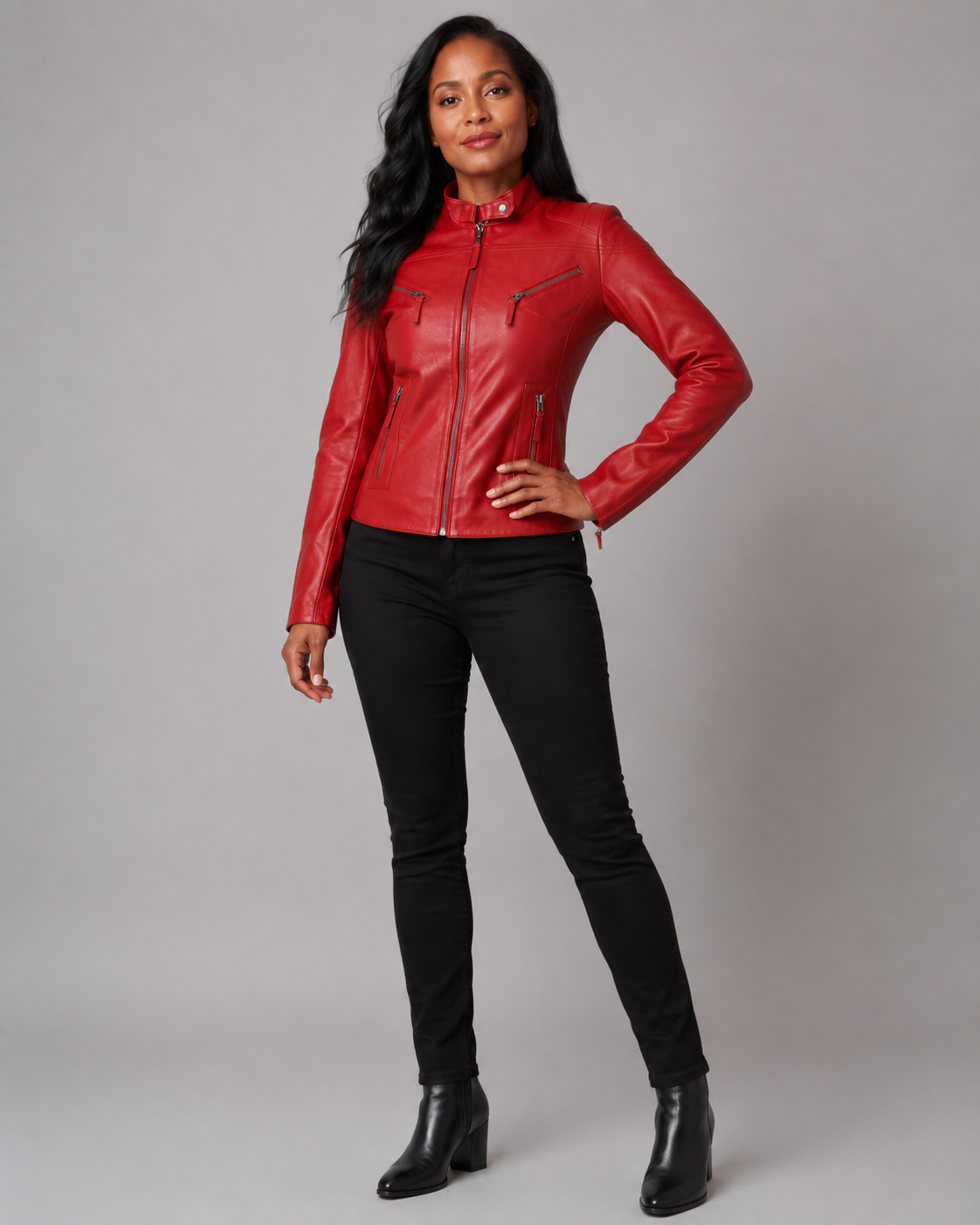 Women’s Red Zip-Up Leather Moto Jacket