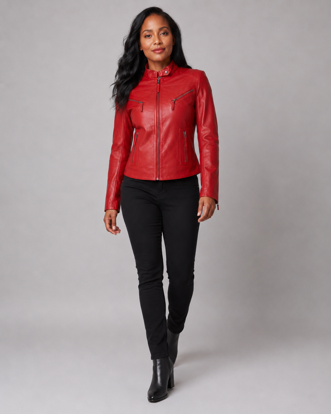Women’s Red Zip-Up Leather Moto Jacket