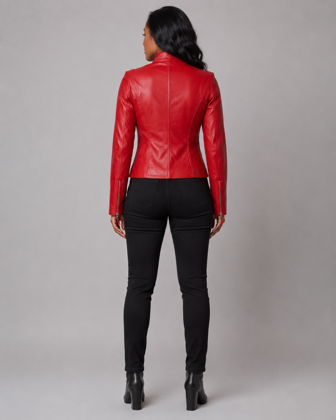 Women’s Red Zip-Up Leather Moto Jacket