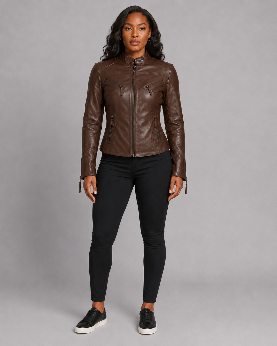 Women’s Brown Zip-Up Leather Moto Jacket