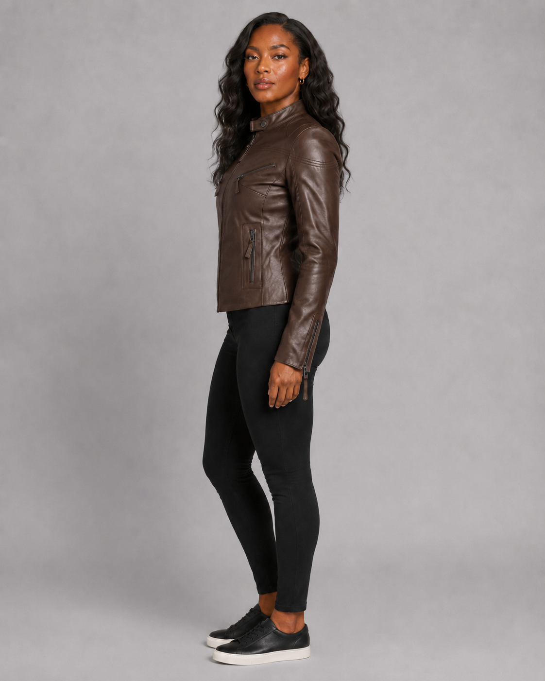 Women’s Brown Zip-Up Leather Moto Jacket
