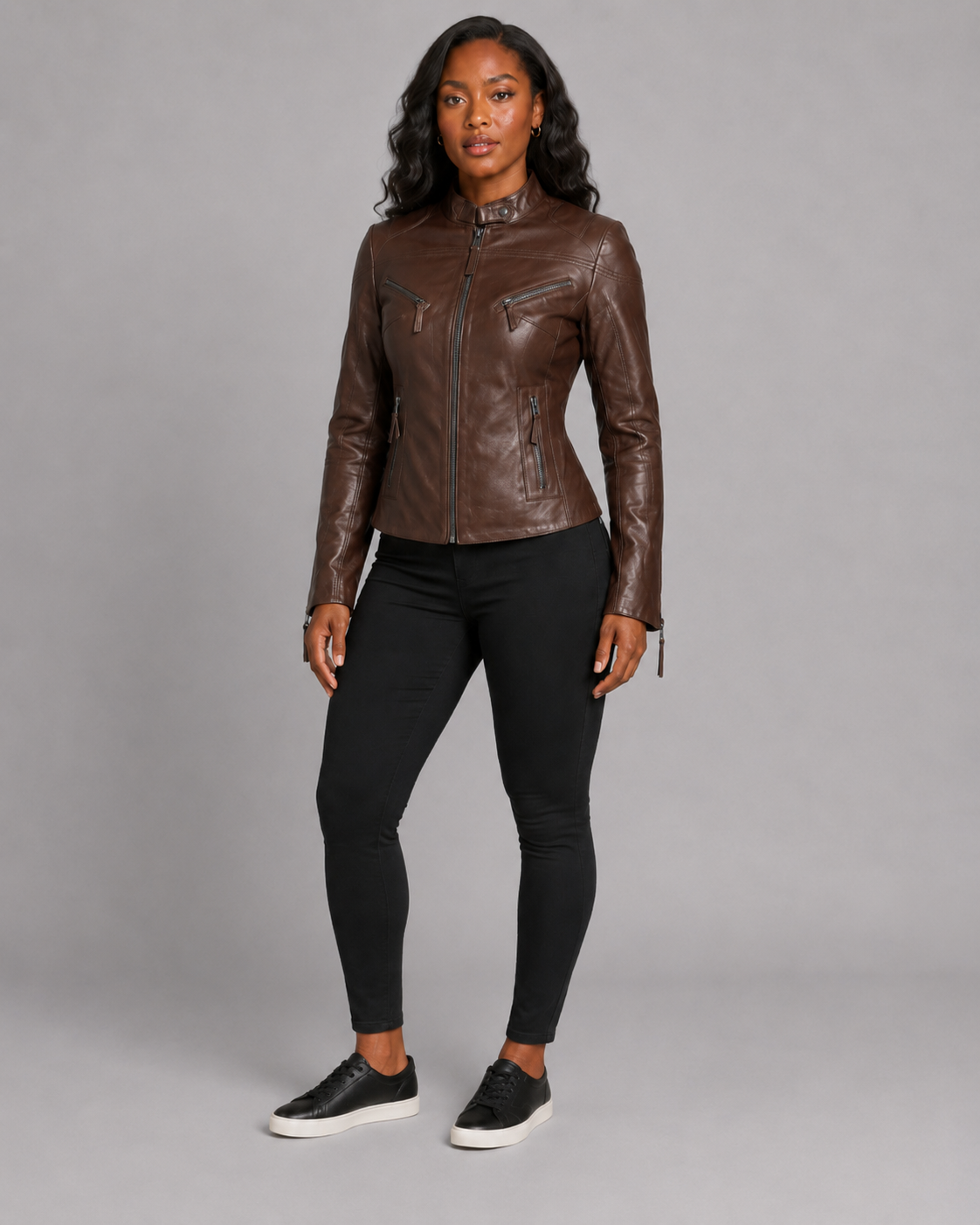 Women’s Brown Zip-Up Leather Moto Jacket