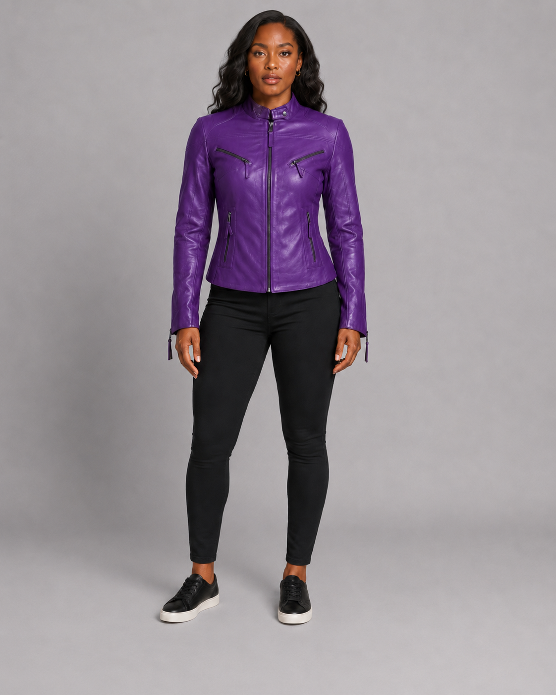 Women’s Purple Zip-Up Leather Moto Jacket