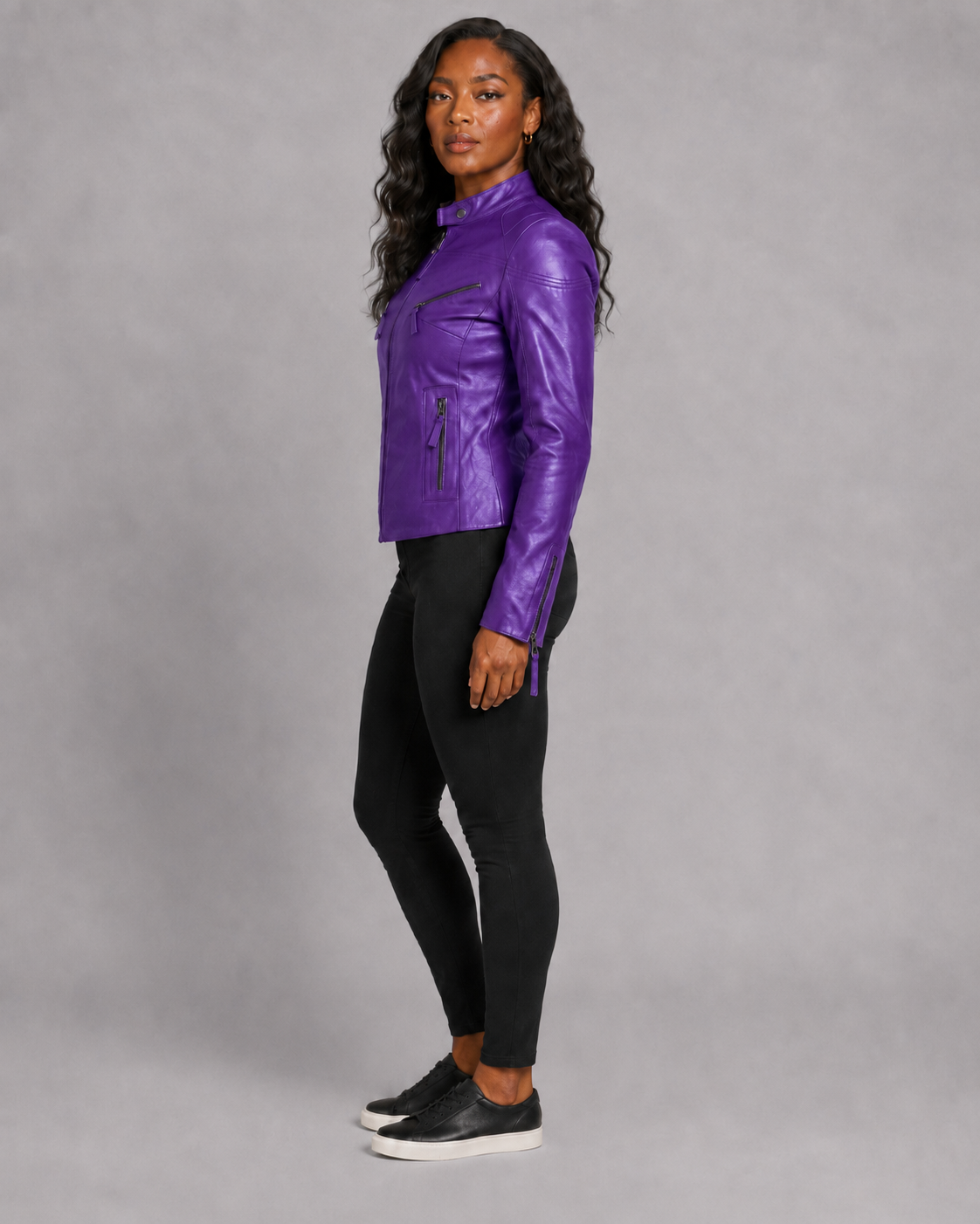 Women’s Purple Zip-Up Leather Moto Jacket