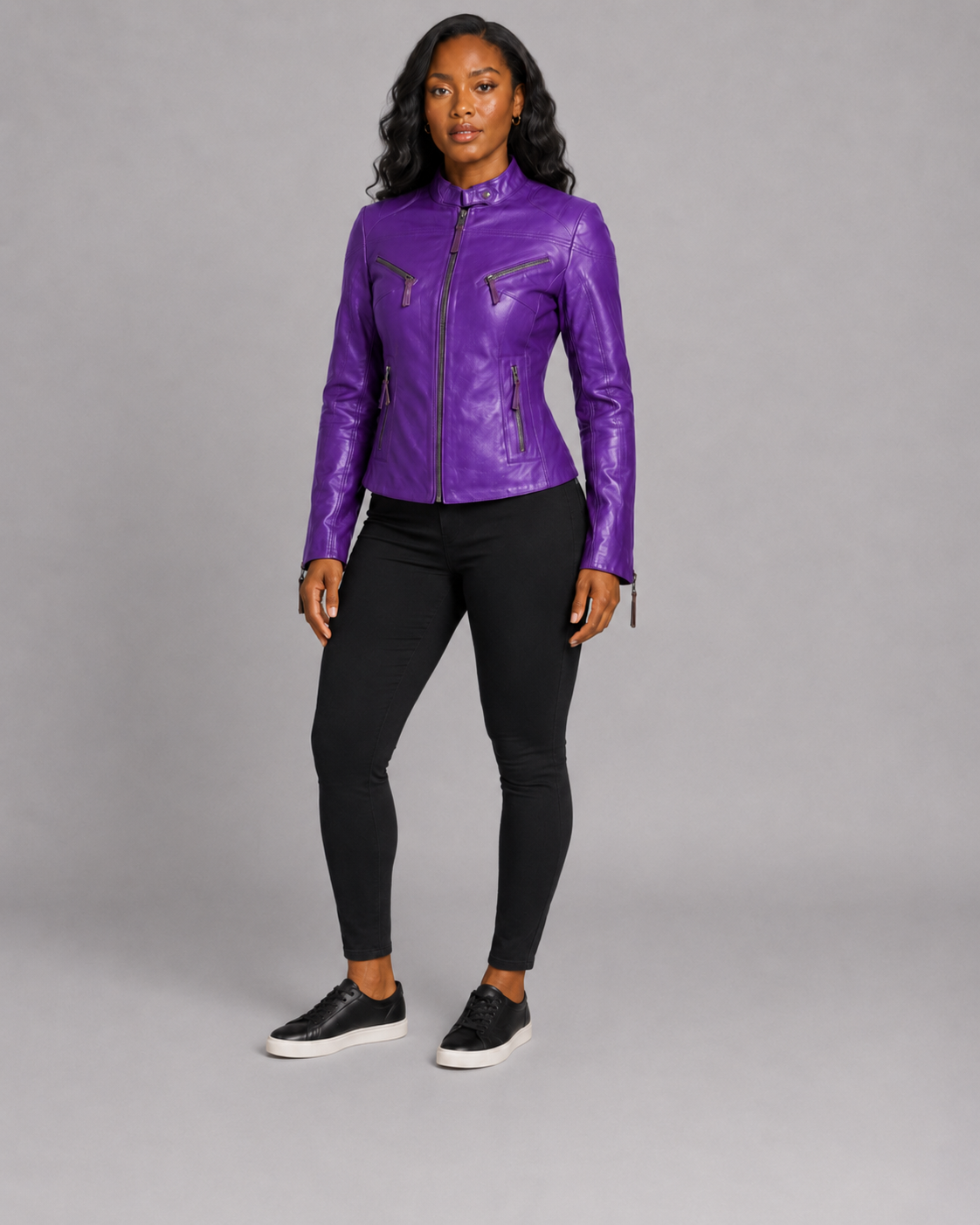 Women’s Purple Zip-Up Leather Moto Jacket