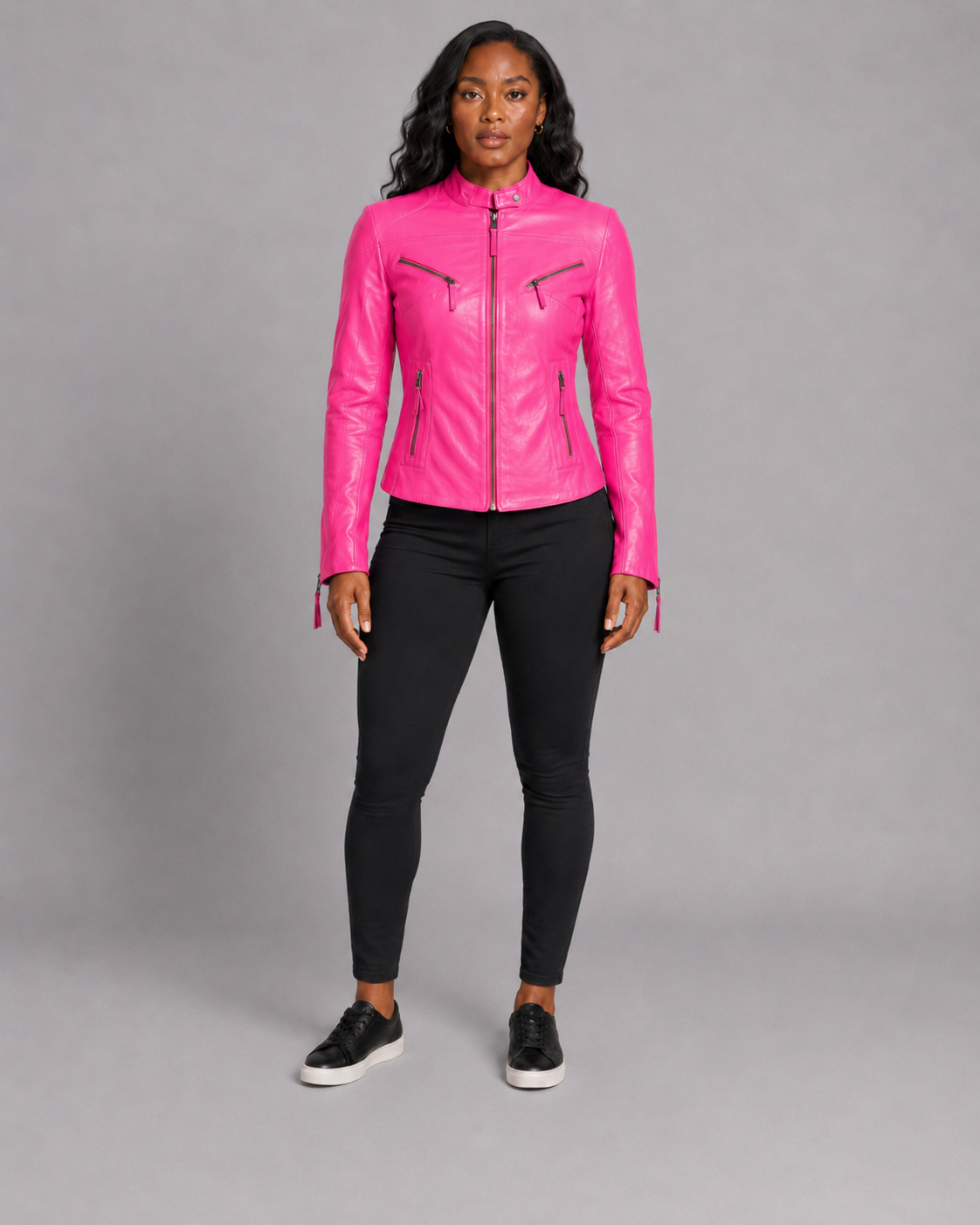 Women’s Pink Zip-Up Leather Moto Jacket