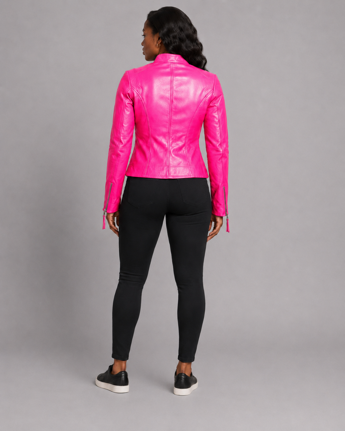 Women’s Pink Zip-Up Leather Moto Jacket
