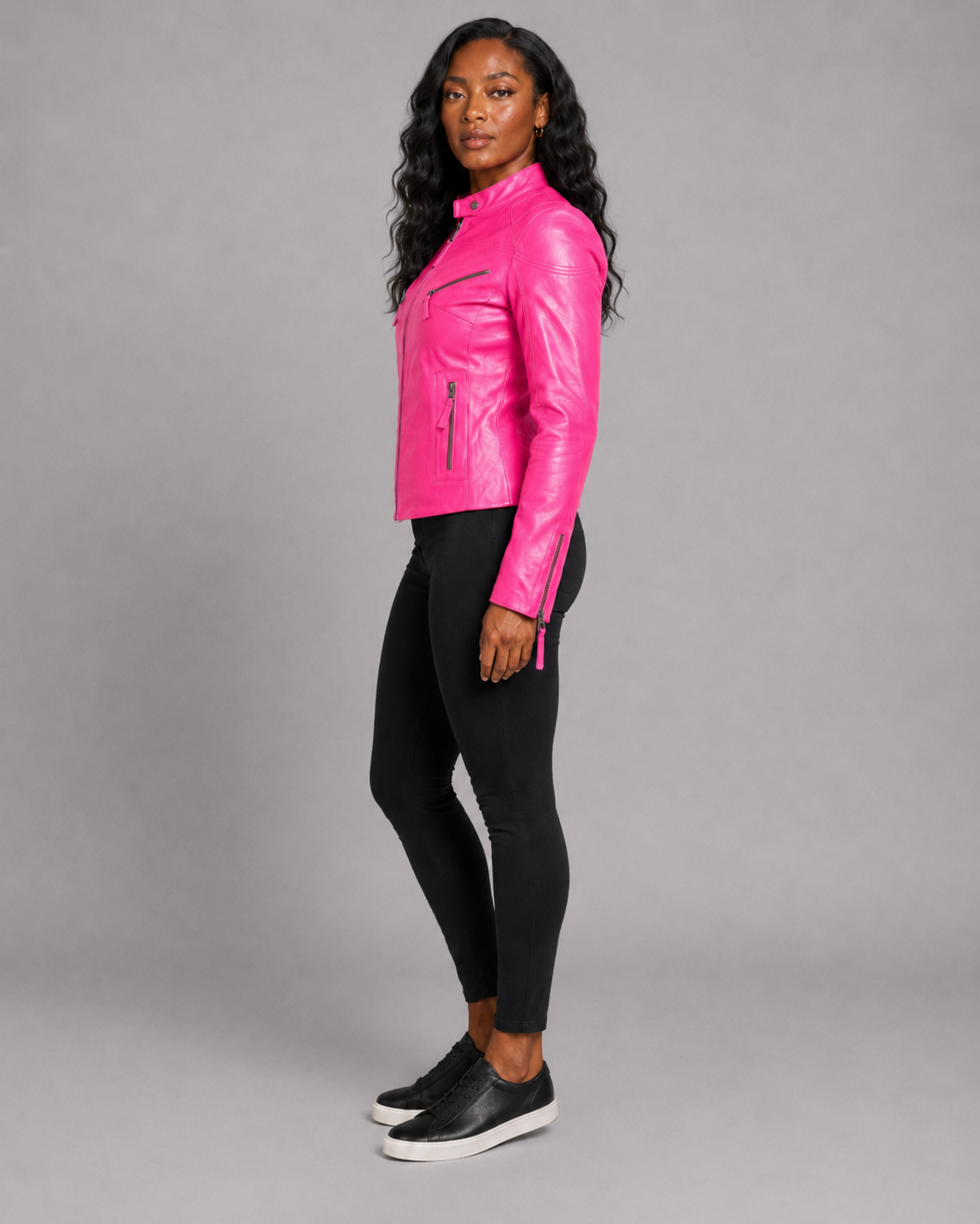 Women’s Pink Zip-Up Leather Moto Jacket