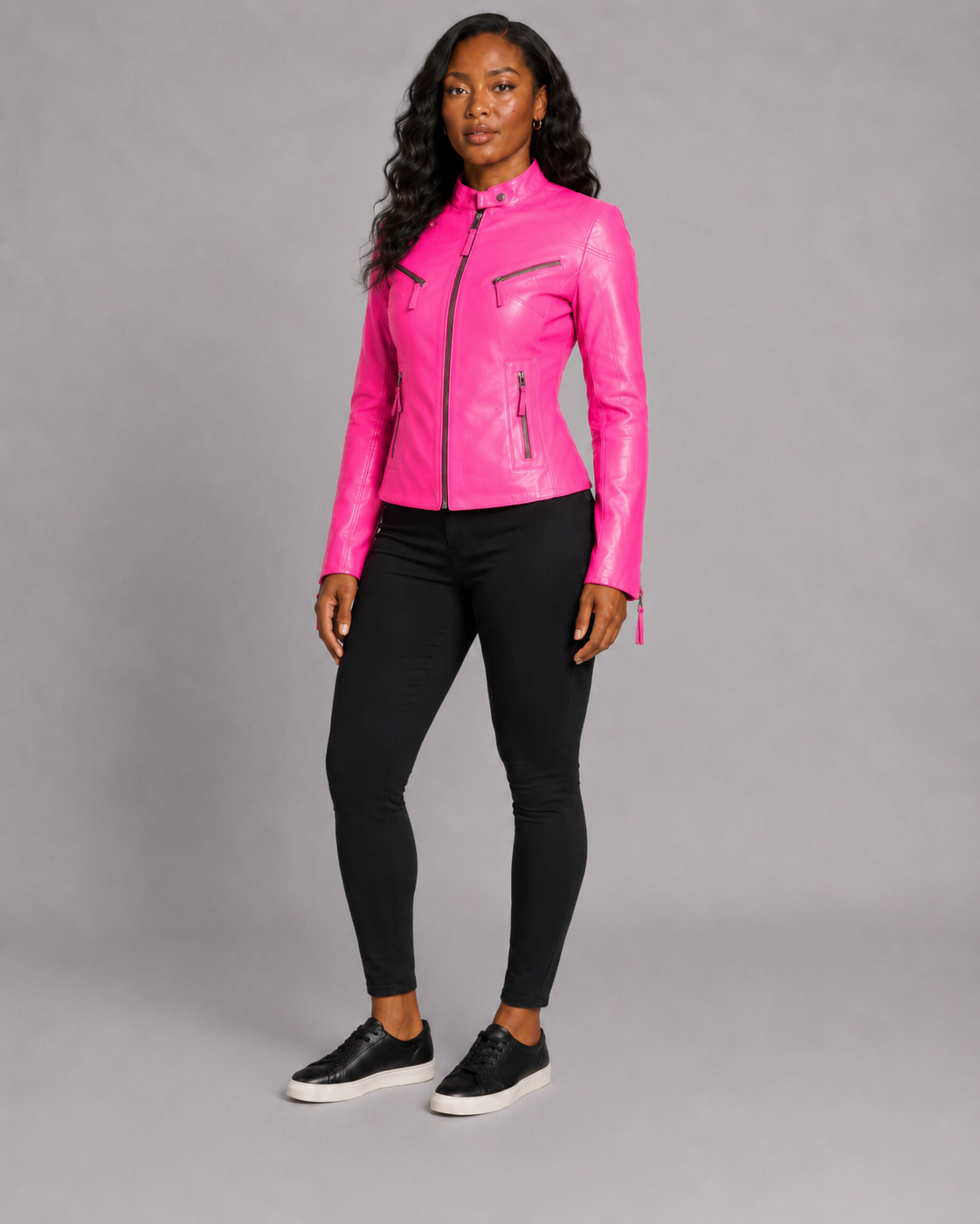 Women’s Pink Zip-Up Leather Moto Jacket