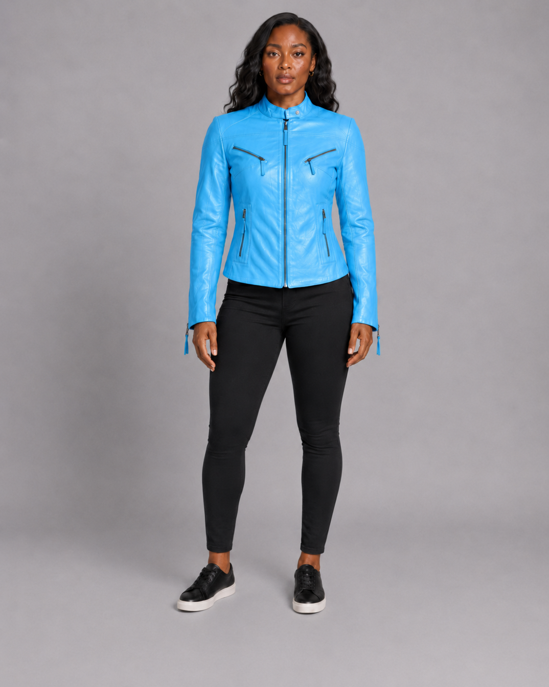 Women’s Sky Blue Zip-Up Leather Moto Jacket