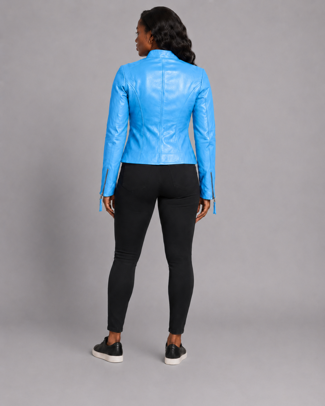Women’s Sky Blue Zip-Up Leather Moto Jacket