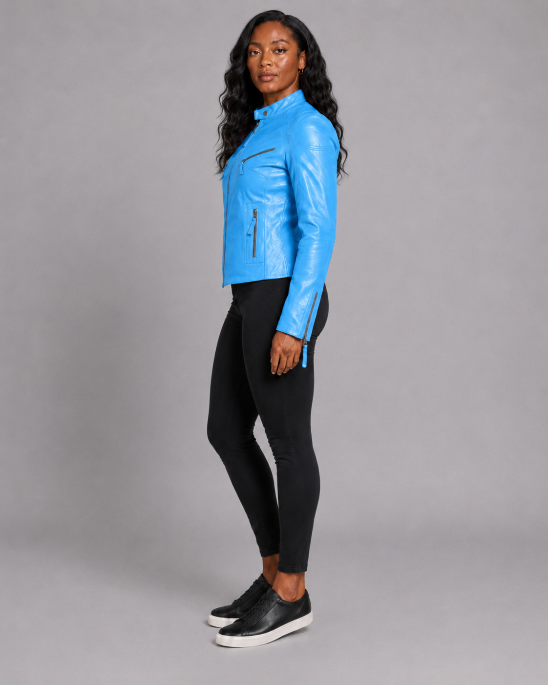 Women’s Sky Blue Zip-Up Leather Moto Jacket
